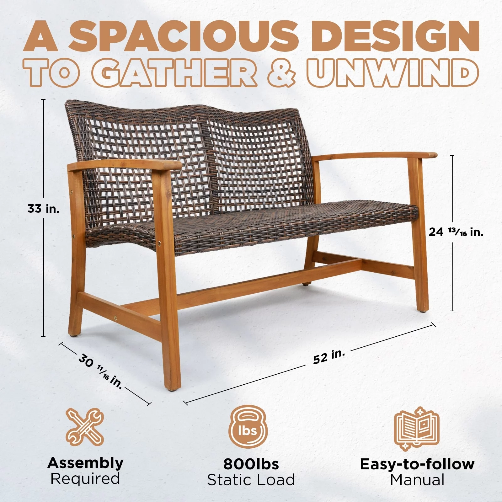 Idzo Embrite Patio Outdoor Wicker Loveseat for 2, Wood Frame, Natural