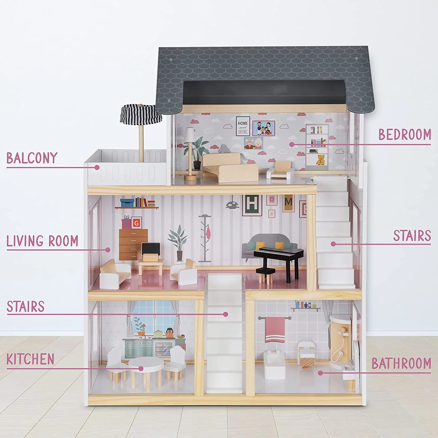 Jumbl Kids Wooden Dollhouse, 17-Piece Accessories & Furniture are Included, with Balcony & Stairs, 3 Story Easy to Assemble Doll House Toy