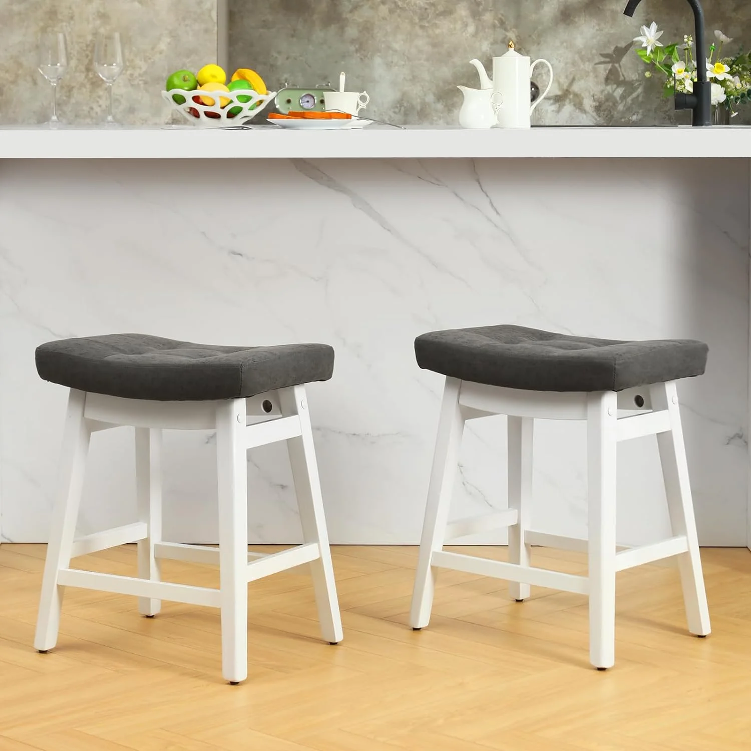 OUWI 24 Inch Bar Stools Counter Height Set of 2 Solid Wood Legs PU Leather Saddle Soft Cushion Seat for 34
