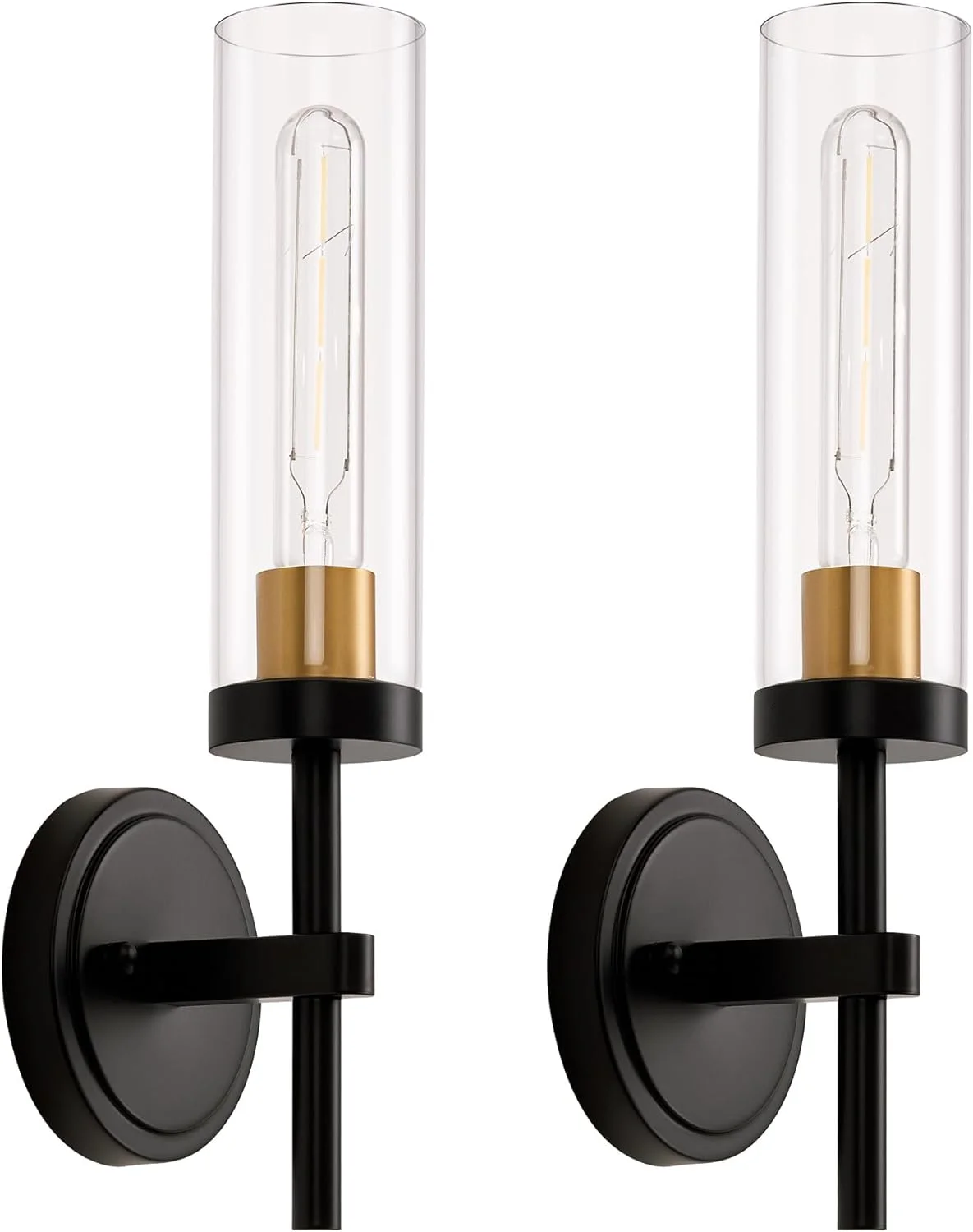 Black and Gold Hardwired Wall Sconces Set of 2, Modern Bathroom Vanity Sconces Wall Lighting with Clear Glass Shade, Farmhouse Wall Mount Lights for Mirror Bedroom Living Room Hallway Kitchen