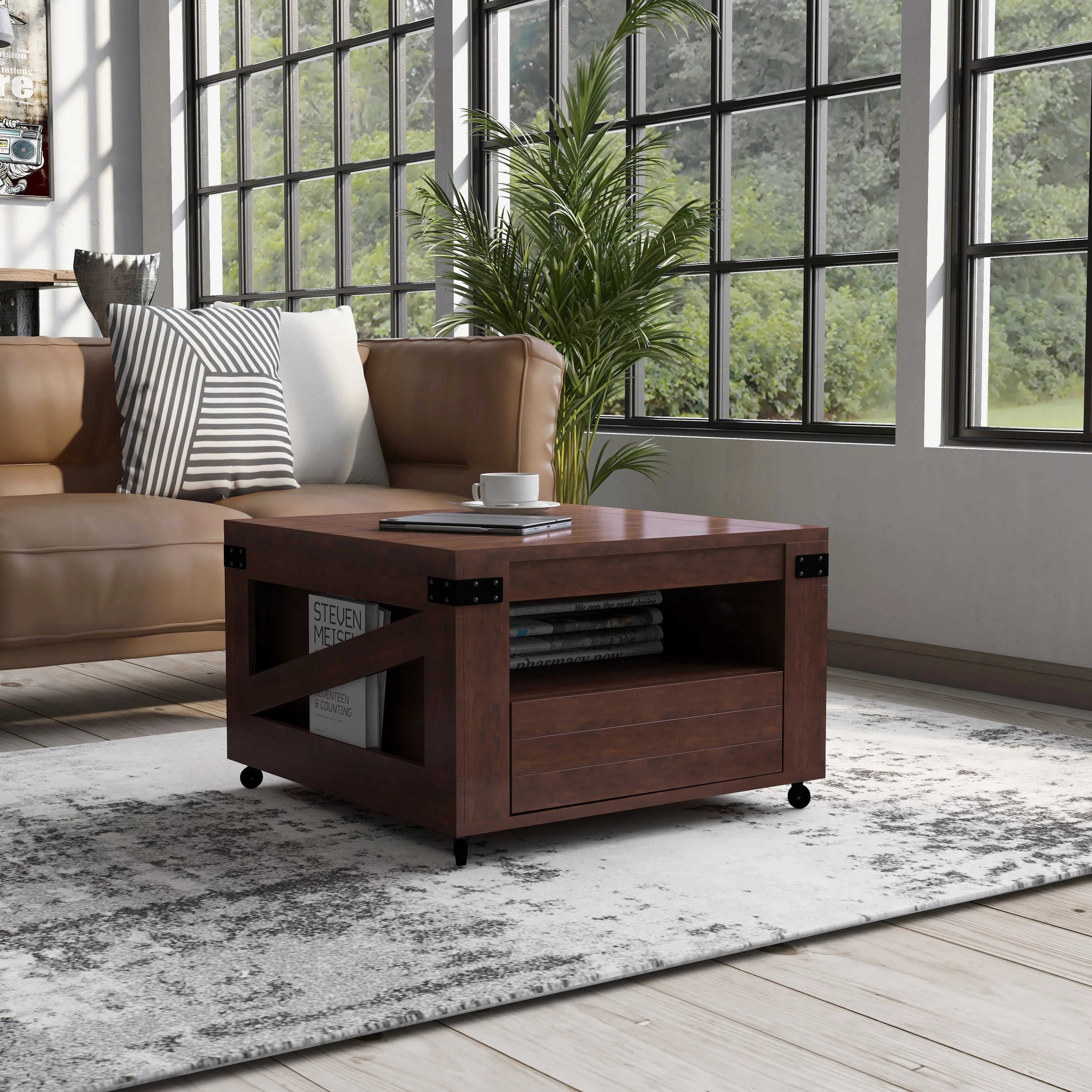 Furniture of America Kala Industrial 32-inch 1-Shelf Coffee Table by  Vintage Walnut Walnut Finish, Wood Finish
