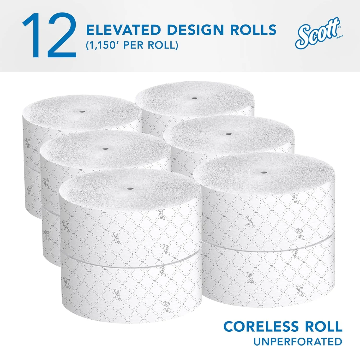 Scott Coreless High-Capacity Jumbo Roll Toilet Paper (07006), with Elevated Design, 2-Ply, White, (1,150'/Roll, 12 Rolls/Case, 13,800'/Case) Scott Essential Only
