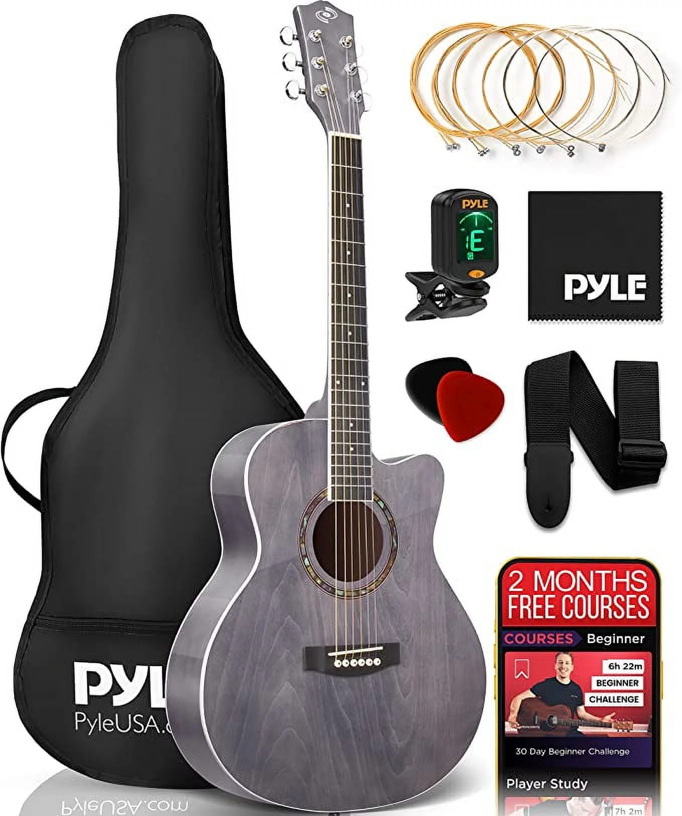 Pyle Acoustic Guitar Kit, 3/4 Junior Size Steel String Instrument for Beginner Kids Adults 36” Gray