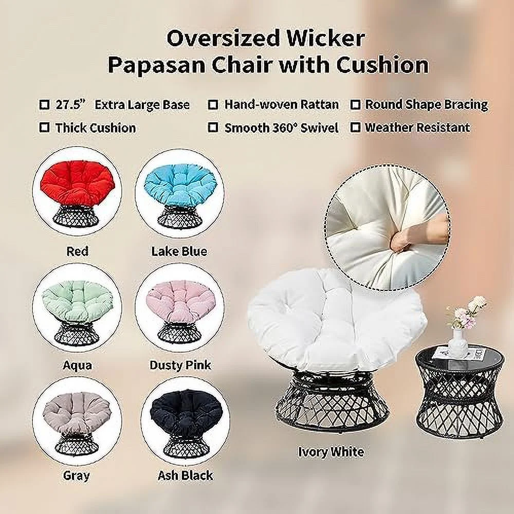 HYHBIBOOM Rattan Wicker ° Swivel Papasan Chair with Cushion for Livingroom  Bedroom  Reading Room  Leisure Lounge (Light Pink，No Little Pad 23.6IN Base)