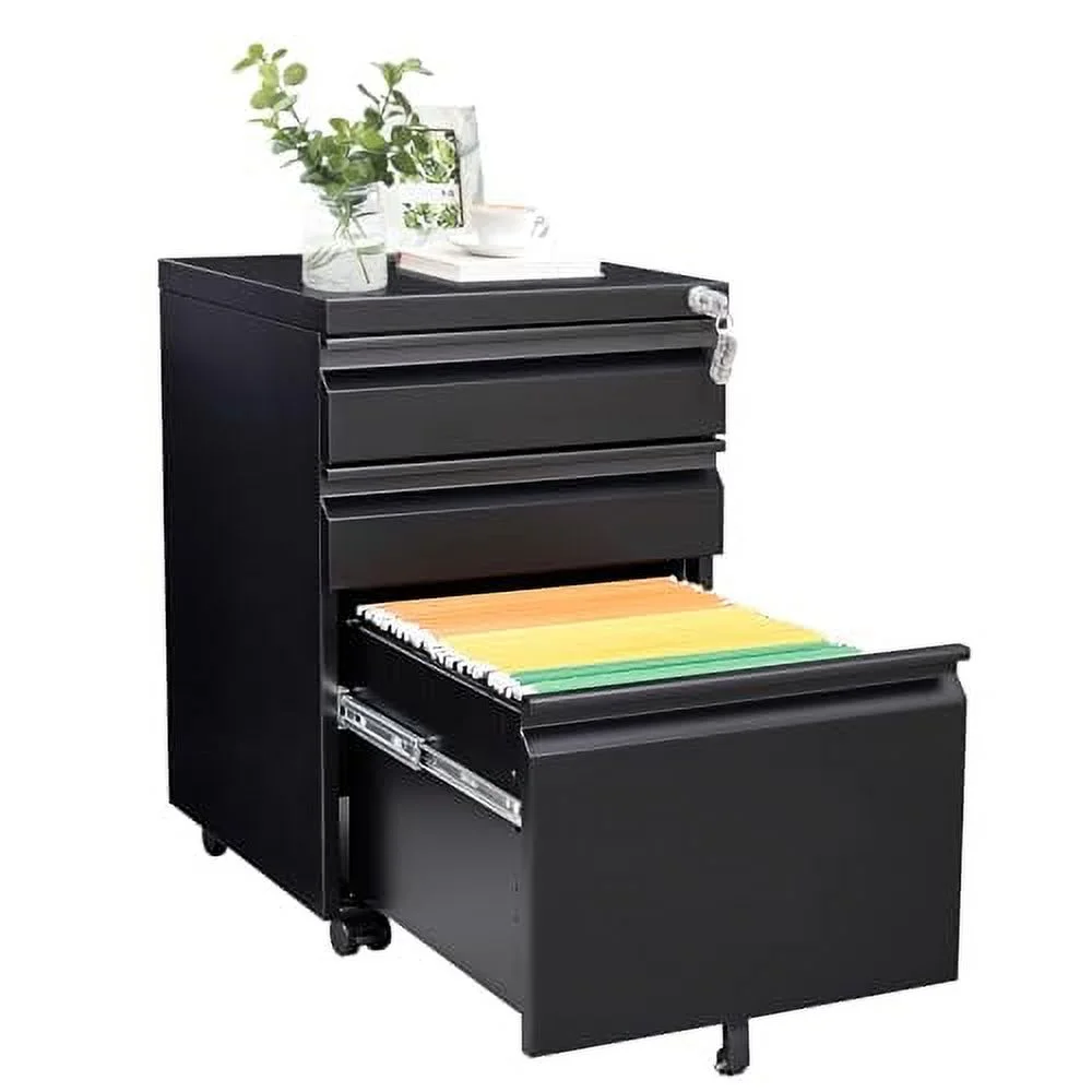 GREATMEET 3 Drawer File Cabinet, Office File Cabinet with Lock, Under Desk Storage Cabinet for Home Office,Small Filing Cabinet Under Desk,Rolling File Cabinet for Letter/Legal/A4 Size,Black