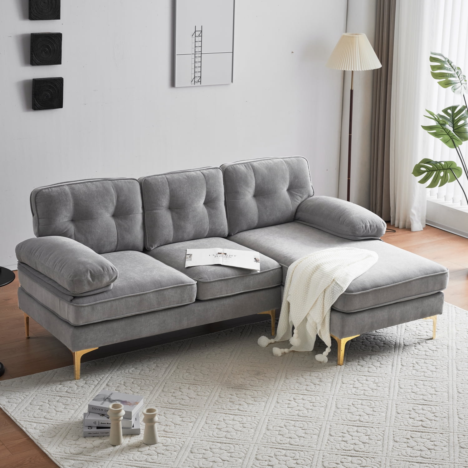 Elegant and Luxurious Modern Light Grey Velvet L-Shaped Sectional Sofas Couches - Perfect Addition to Your Living Room and Bedroom - 83 Inches in Length