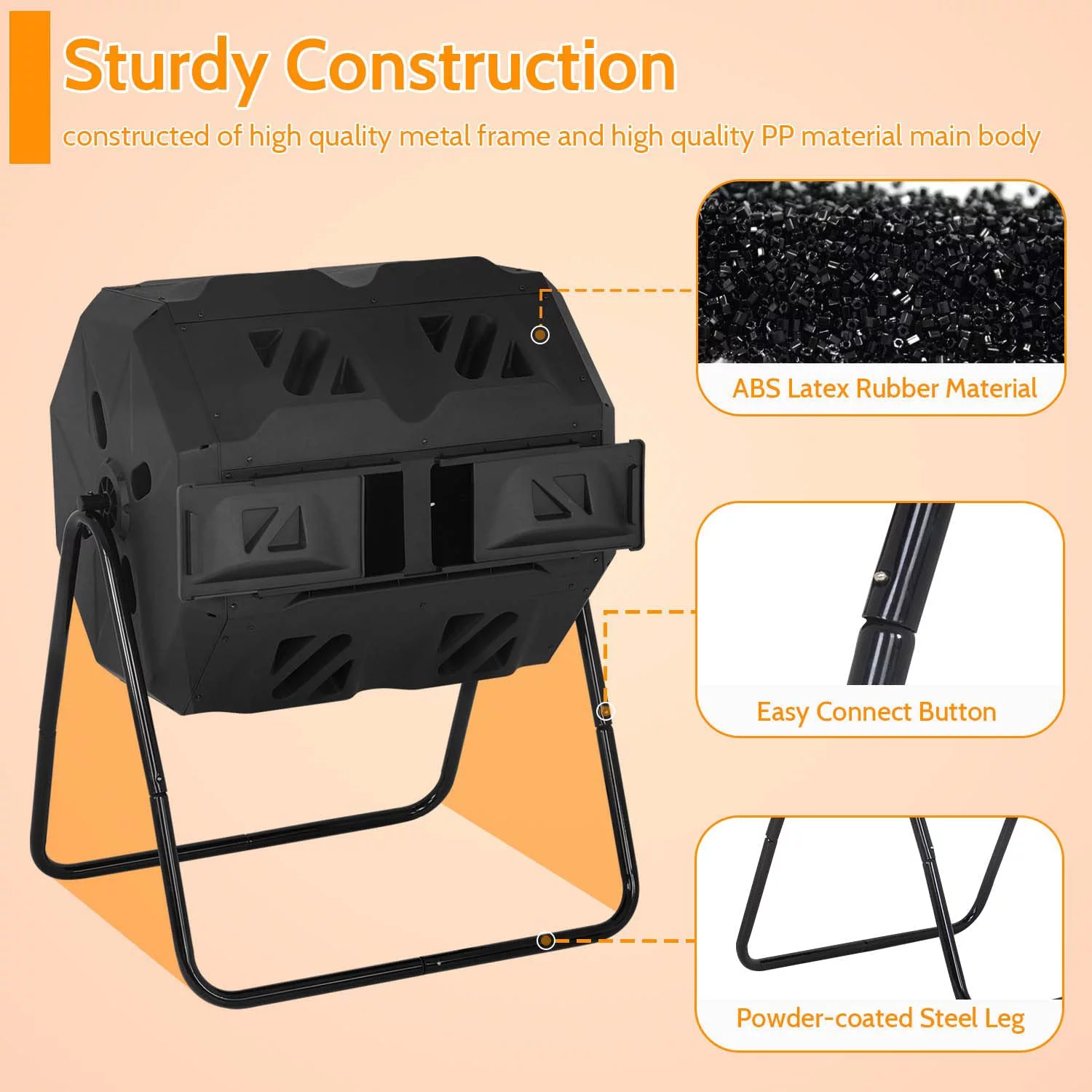 NiamVelo 43 Gallon Durable Tumbling Compost Bin Outdoor Compost Tumbler Bucket with Dual Rotating Chamber, Black Door