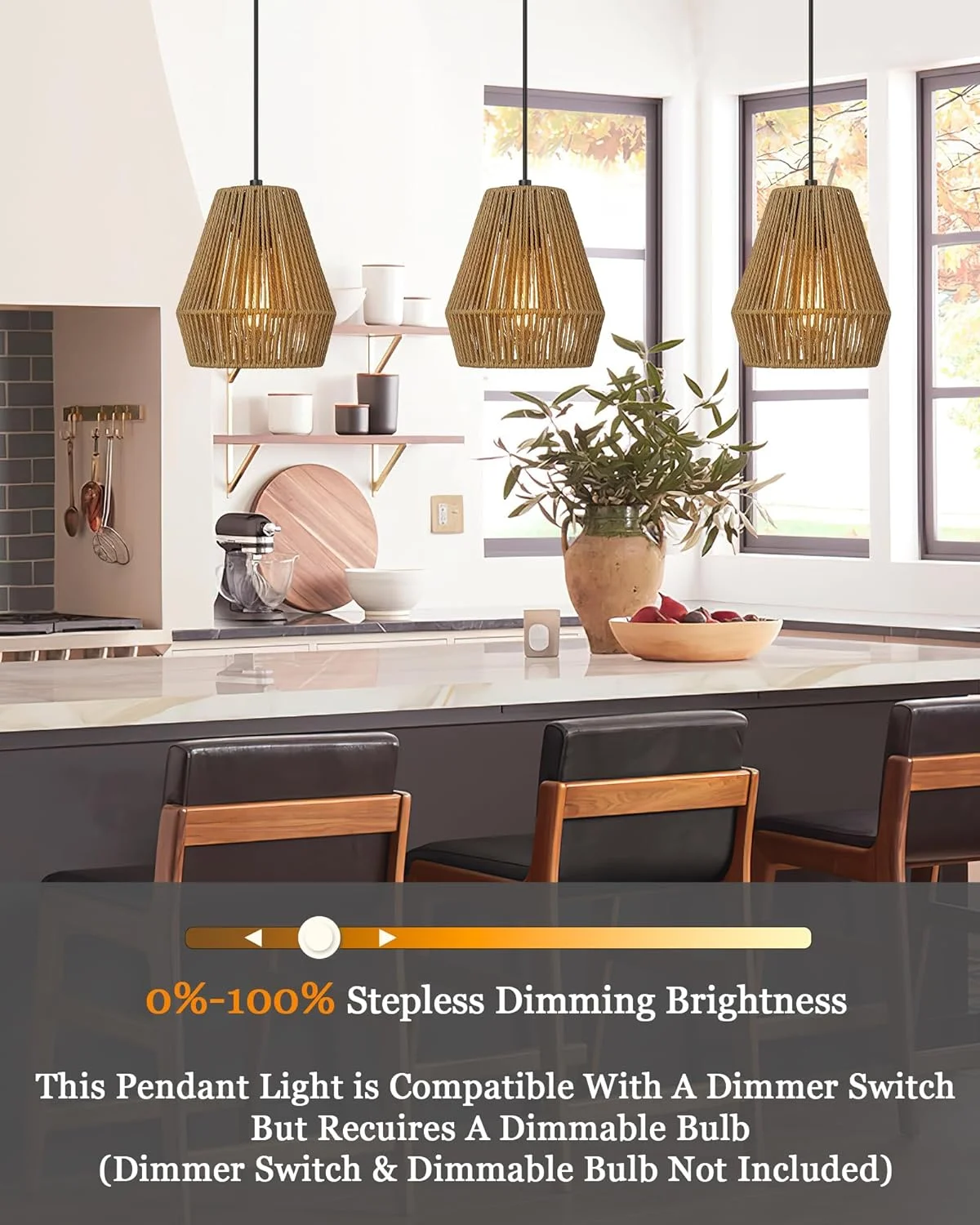 GOURE 3 Pack Woven Pendant Lights, 7” Modern Boho Hanging Lamp with Handwoven Woven Rattan Shade, Adjustable Farmhouse Coastal Pendant Light Fixtures for Kitchen Island,Dining Room,Bar, Foyer Hallway