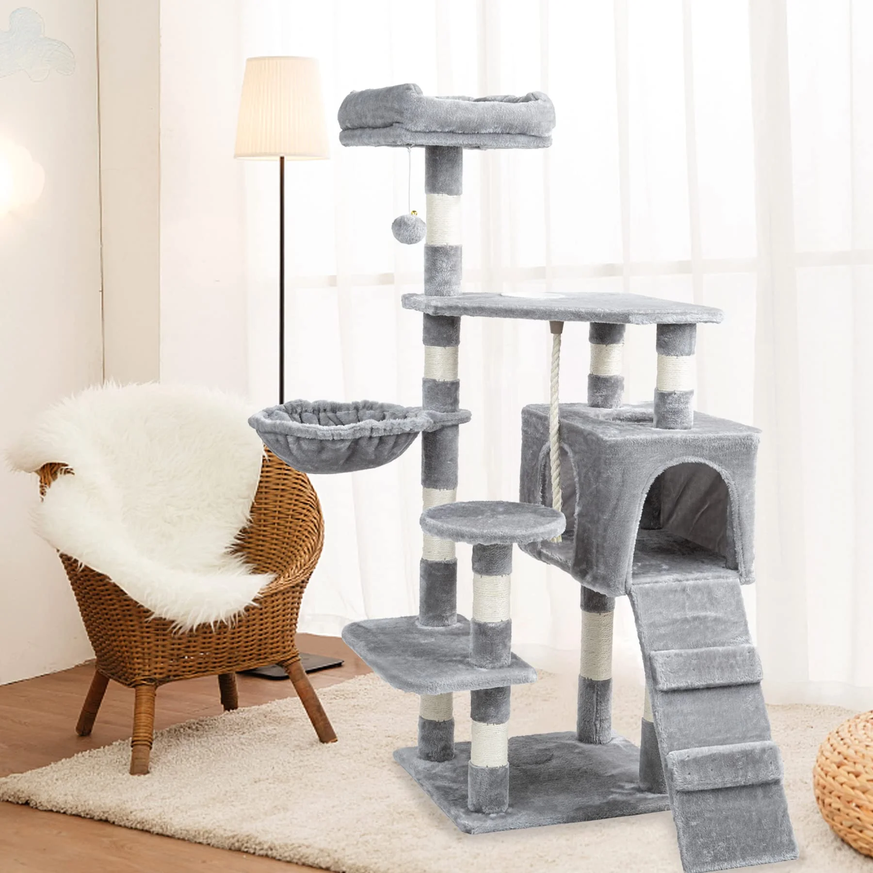 Hawsaiy Multi Level 51in Cat Tree Tower for Indoor Cats with Cat Condo, Natural SIsal Scratching Posts, Feeding Bowl, Cat Hammock and Ball Toys