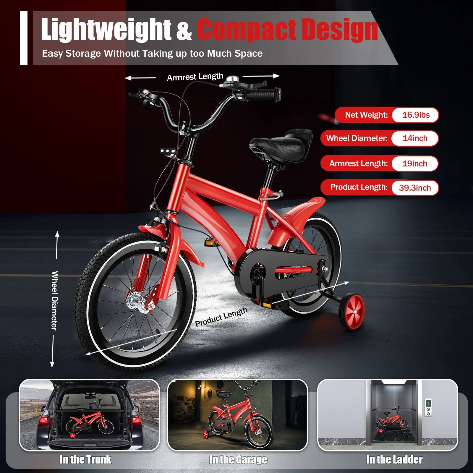 YIYIBYUS 14 Inch Kids Bike Boy Girl Safe Bicycle with Training Wheels and Adjustable Seat, Red