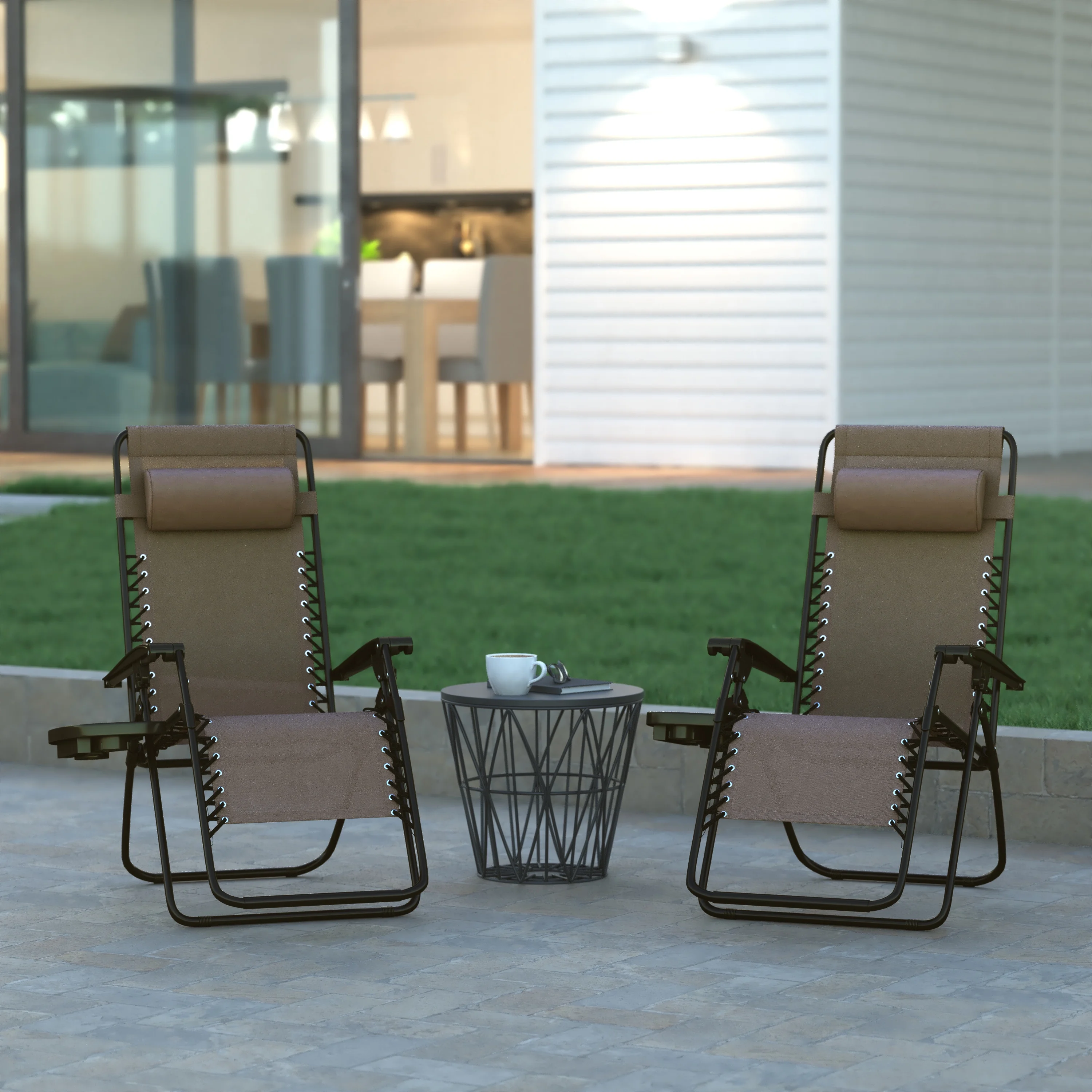 Emma + Oliver Adjustable Folding Mesh Zero Gravity Chair with Pillow and Cup Holder Tray in Brown