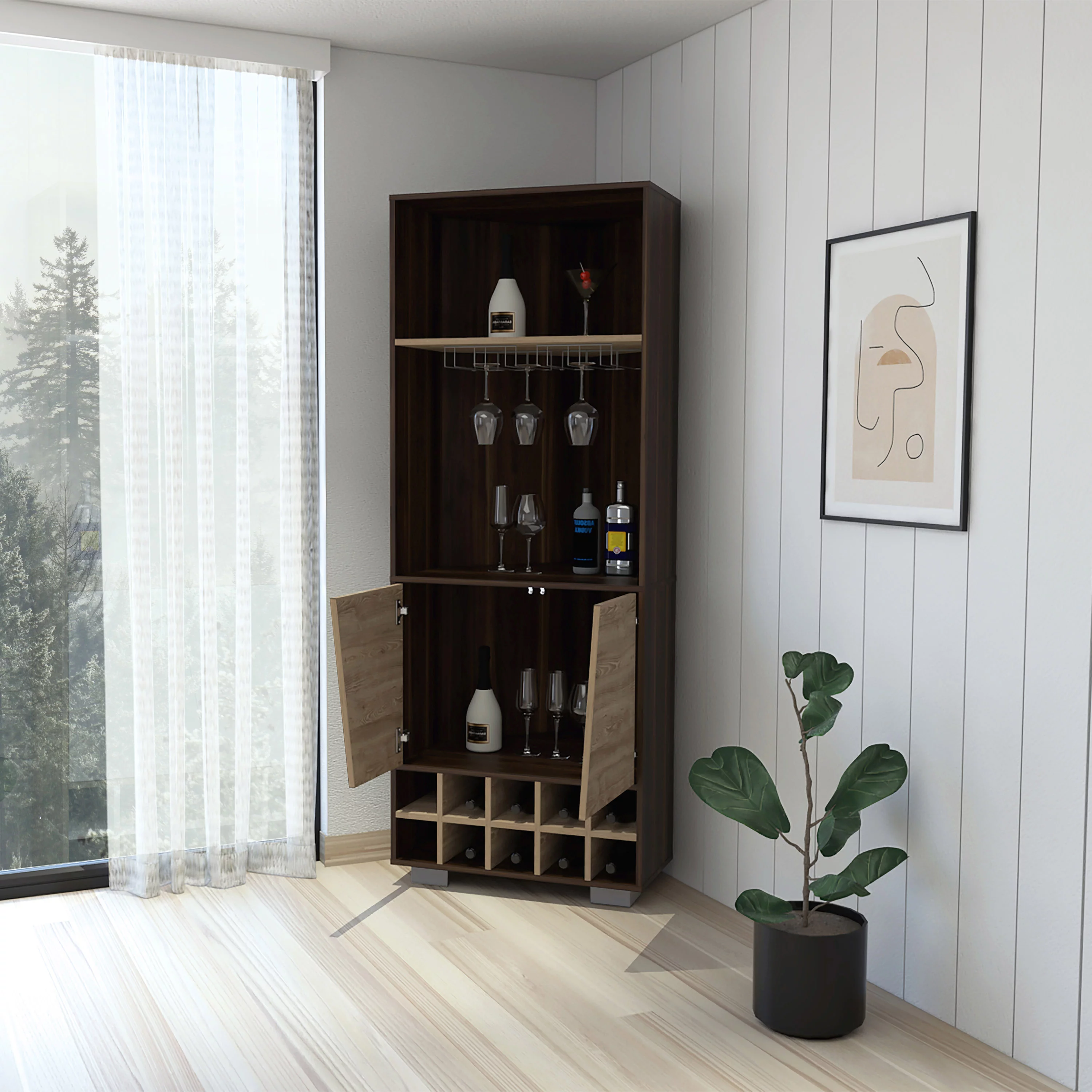 CoSoTower 10-Bottle 3-Shelf Corner Bar Cabinet Dark Oak And Pine