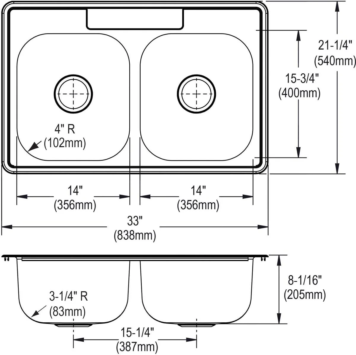 DSE233214 Dayton Equal Double Bowl Drop-In Stainless Steel Sink 33 X 21