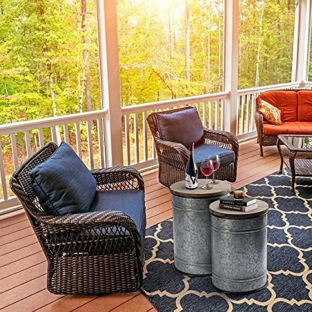 WTYNKAE Rustic  Ottoman Seat Stool  Farmhouse Accent   Antique Galvanized Metal End Table Box Bin with Round Wooden Lid  (Stand Galvanized)