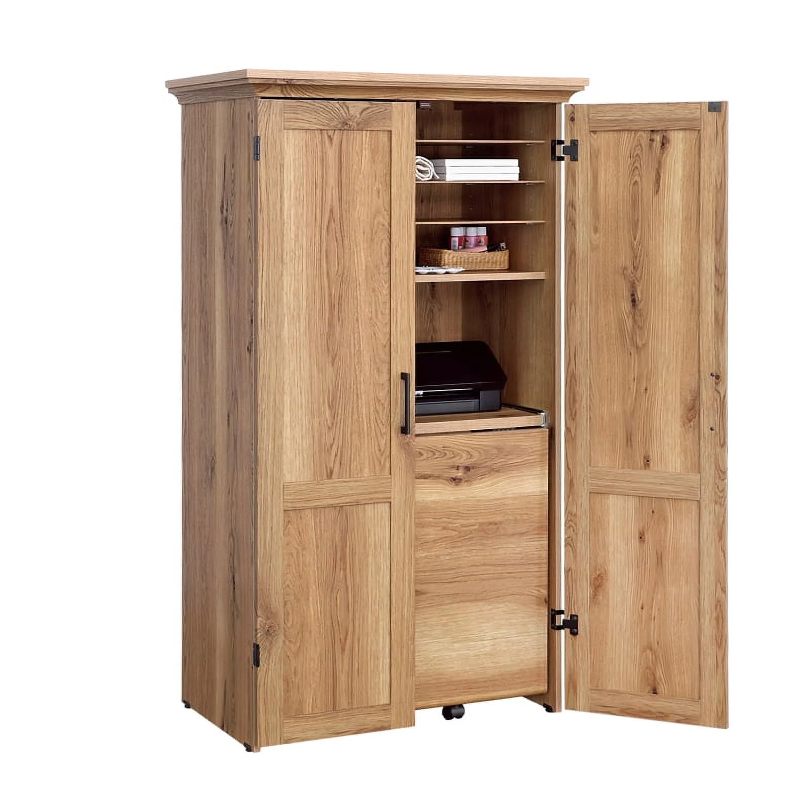 Pemberly Row Engineered Wood Multi-Purpose Armoire in Timber Oak Finish
