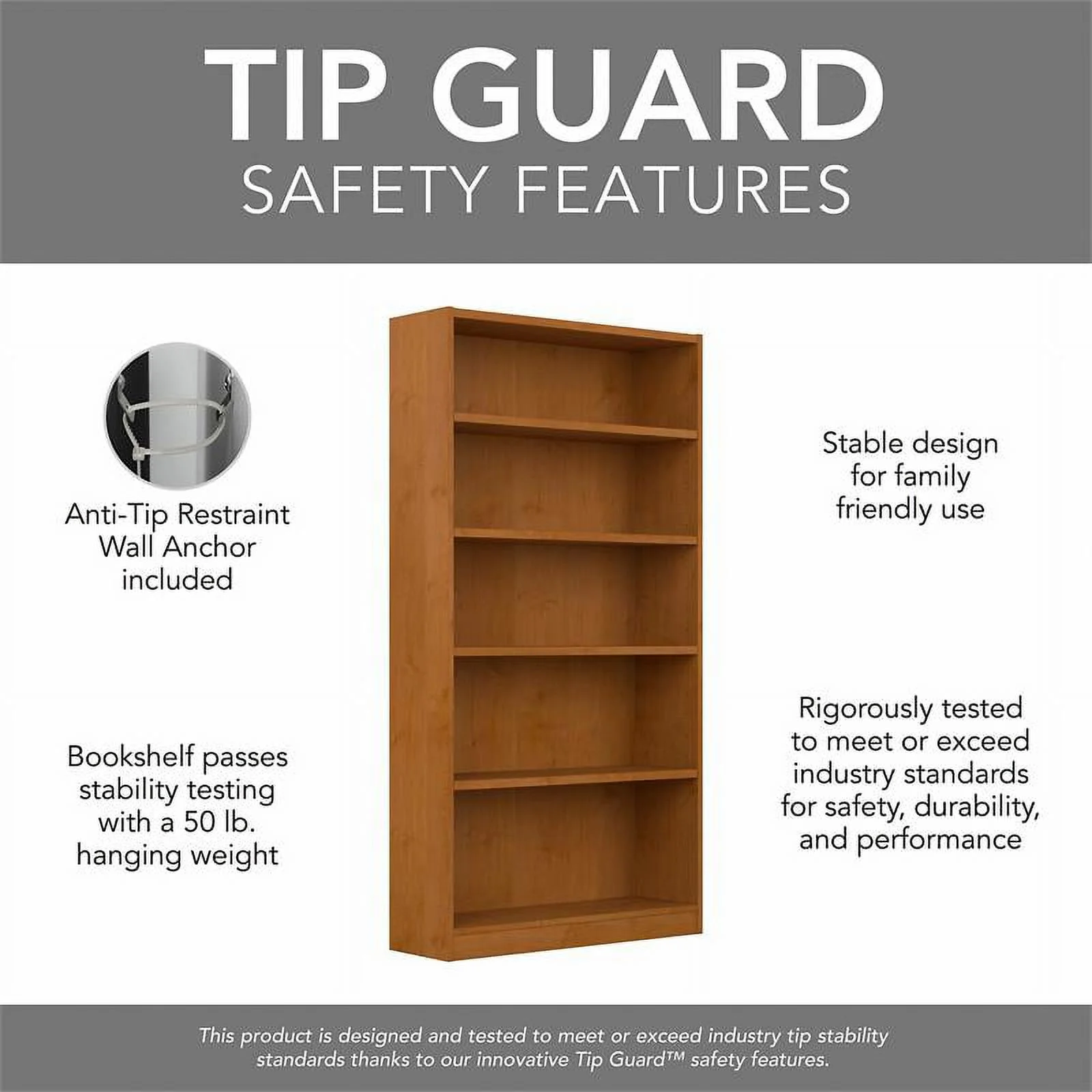 Pemberly Row Tall 5 Shelf Bookcase in Natural Cherry - Engineered Wood