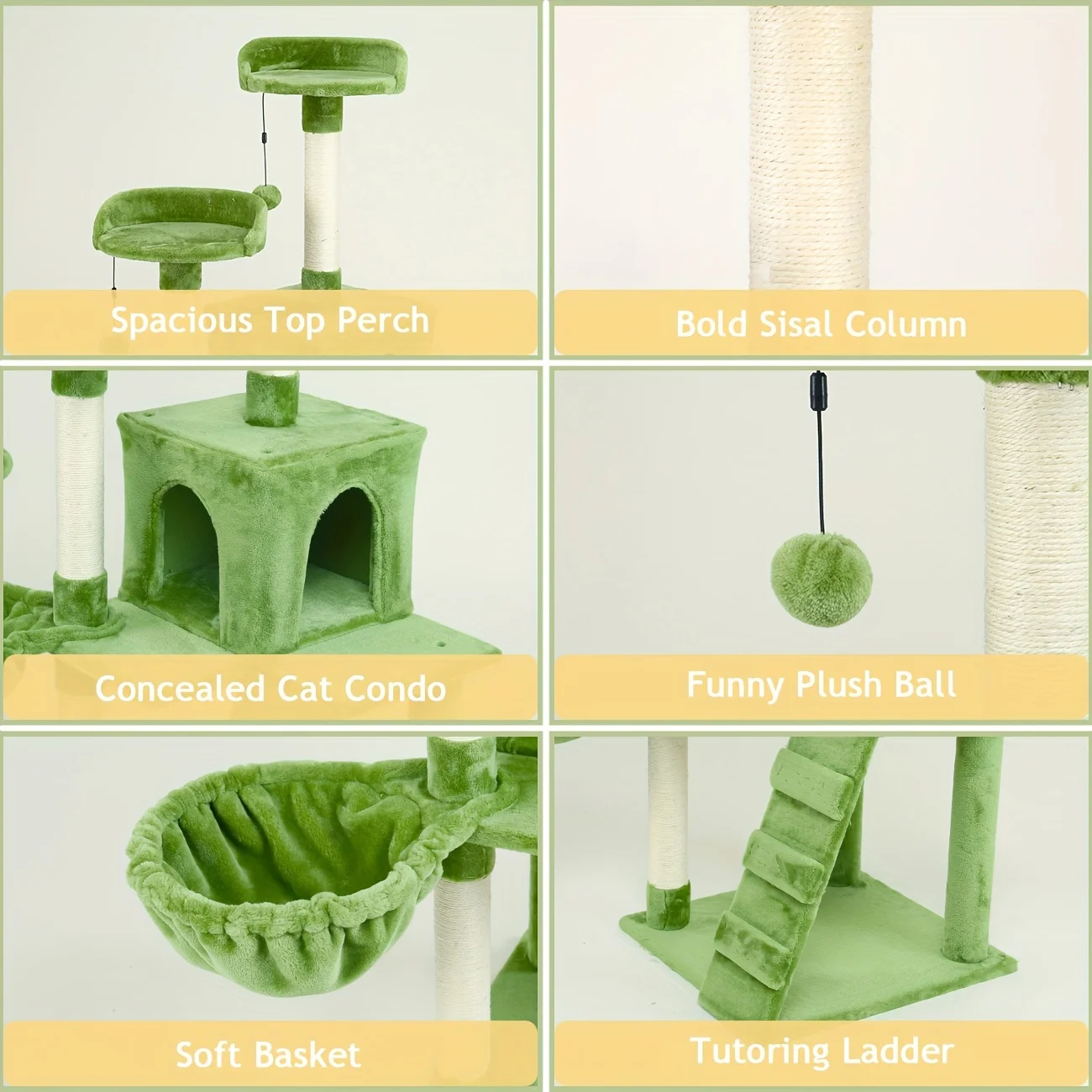 54in Green Cat Tree, Cat Tower Plush Condo Furniture, Cat Scratching Post With Natural Sisal Rope