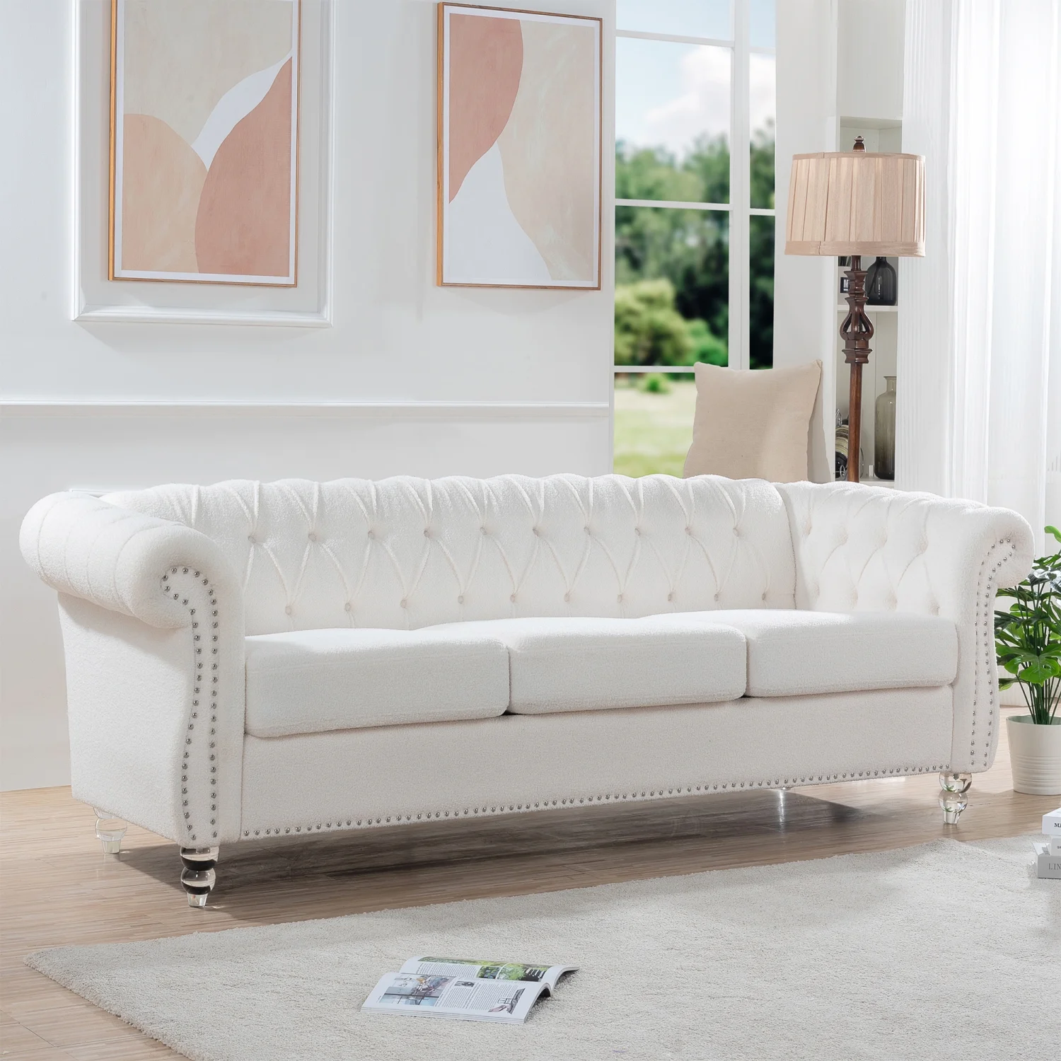 Elegant  Stylish and Comfortable Beige Upholstered Chesterfield 3 Seater Sofa with Rolled Arms for Sophisticated Living Room Decor and Cozy Seating Experience