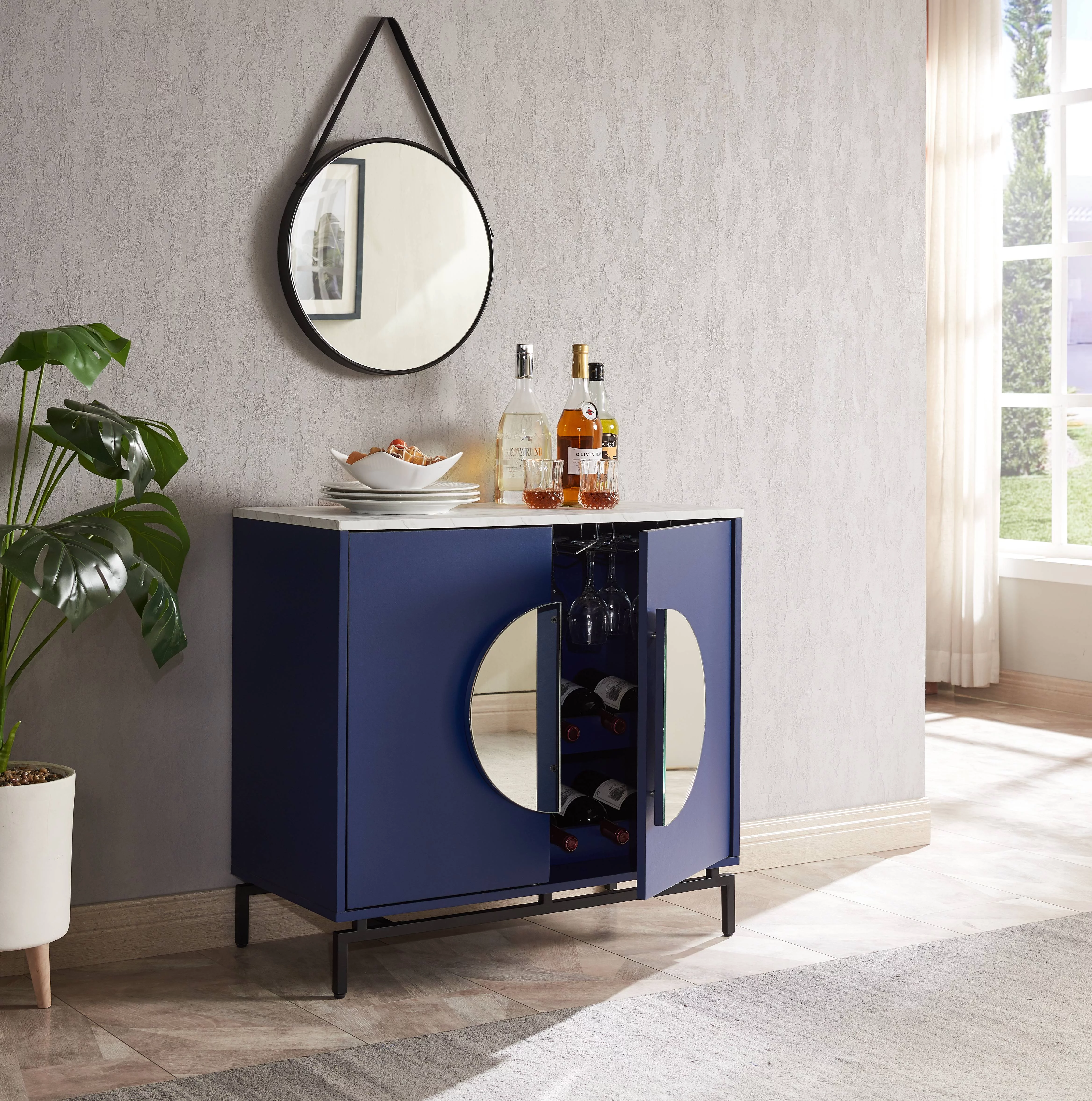 Home Source Blue Console Bar Cabinet with Half Moon Handles