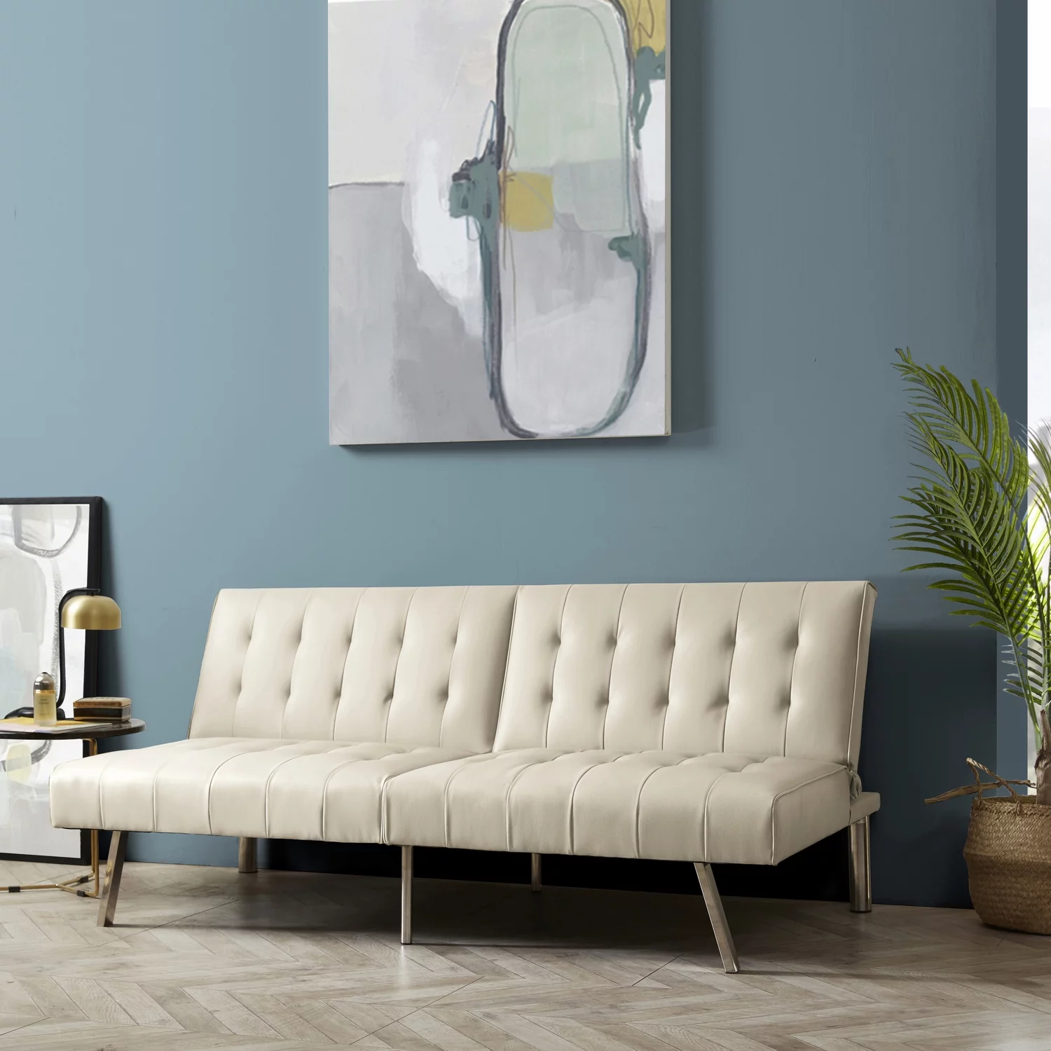 Tufted Split Back Futon Sofa by Naomi Home-Color:Cream,Style:Faux Leather
