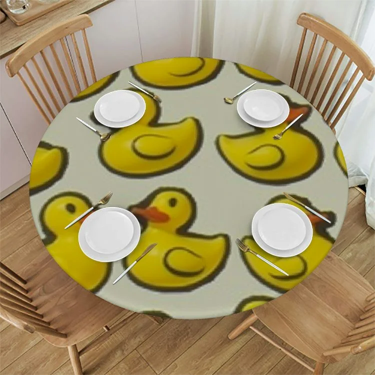 Plo0ole  Cute Rubber Ducks Tablecloth with Elastic Edge, Round Table Cloth Yellow Cartoon Ducky Washable Reusable Table Cover for Kitchen Dining Party Picnic, Small White