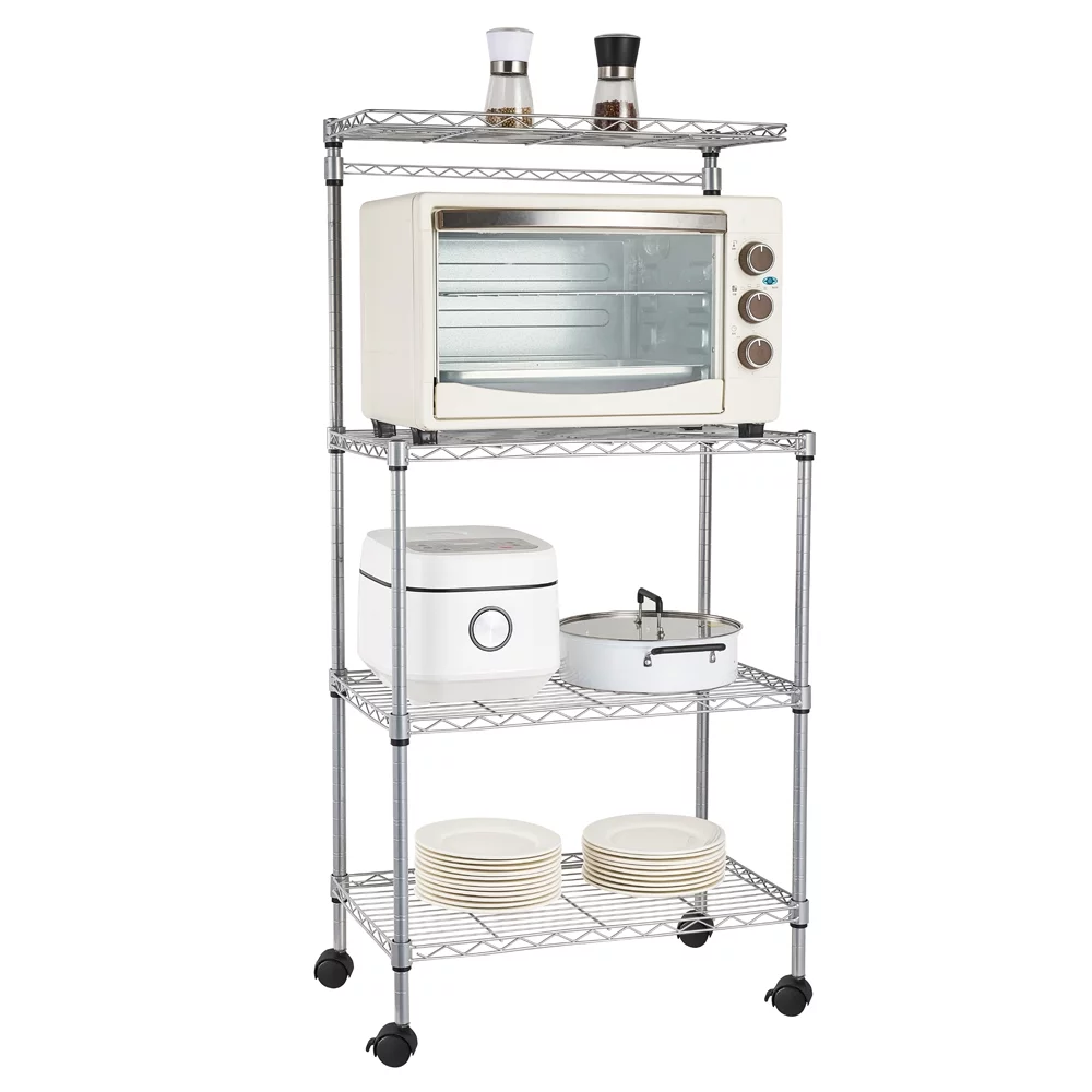 Bakers Rack with Wheels, Kitchen Microwave Cart with Storage, 4 Tier Height adjustable Wire Rolling Cart for Spices, Pots, Pans, Charcoal, 24 x 14 x 48 Inches