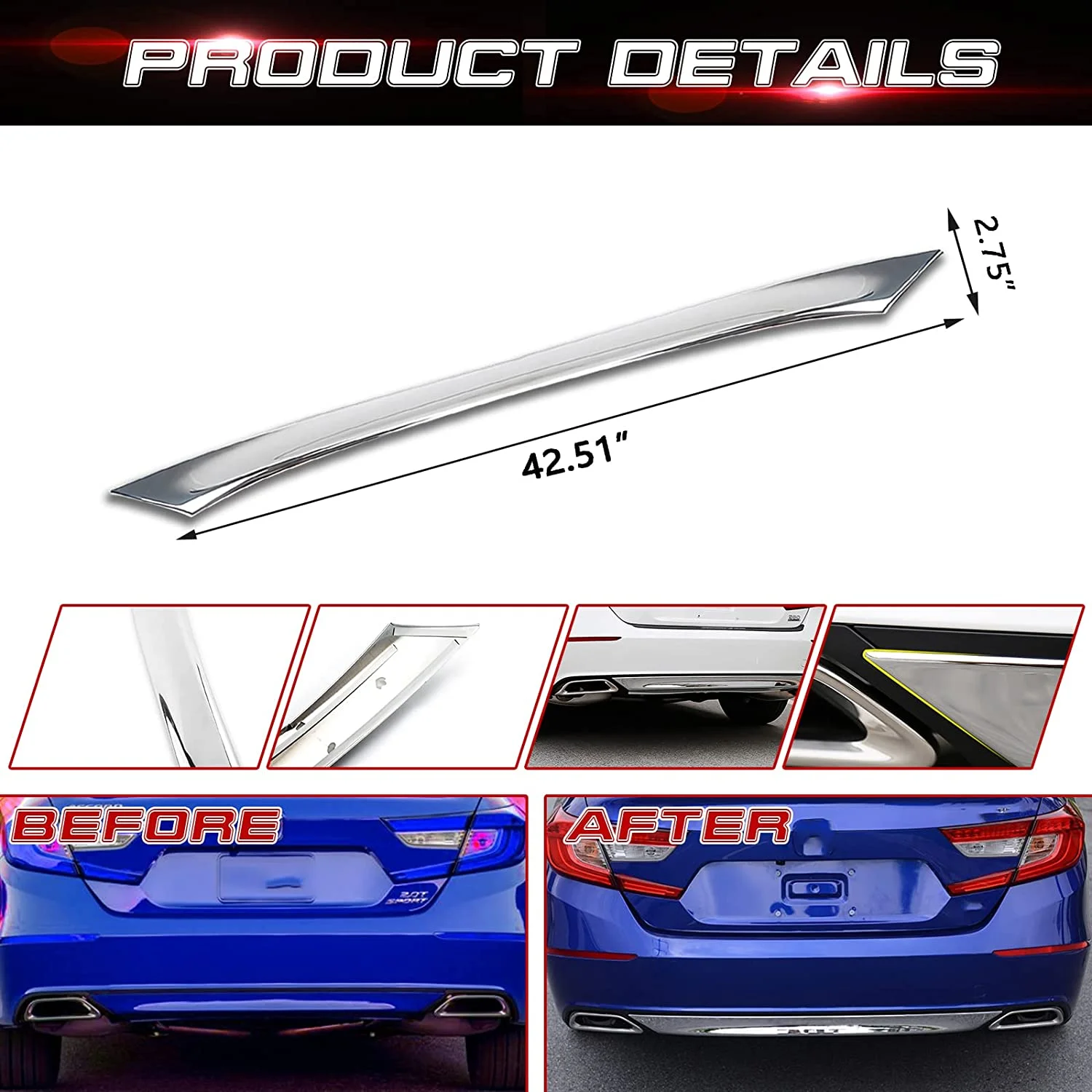 Xotic Tech Rear Bumper Lower Lip Cover Trim, Chrome, Compatible with Honda Accord Sedan 10th Gen 2018-2022