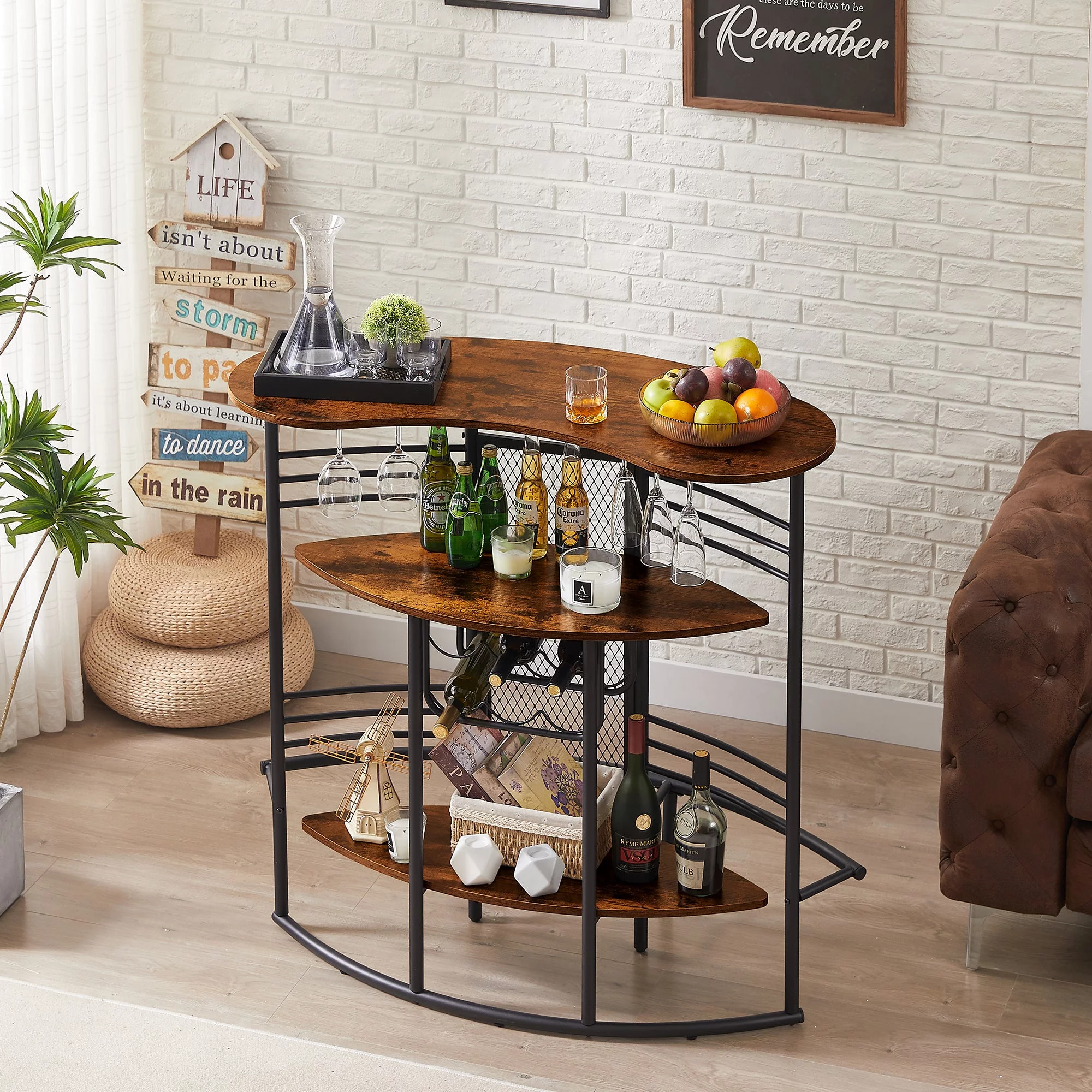 VECELO Oval Bar Table with Wood Counter Top and Wine Rack Storage, Wine Bakers Rack for Kitchen Dining Room, Brown