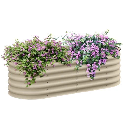 Buumin Outsunny 4.9' x 2' x 1.4' Galvanized Raised Garden Bed Kit, Outdoor Metal Elevated Planter Box with Safety Edging, Easy DIY Stock Tank for Growing Flowers, Herbs & Vegetables, Cream
