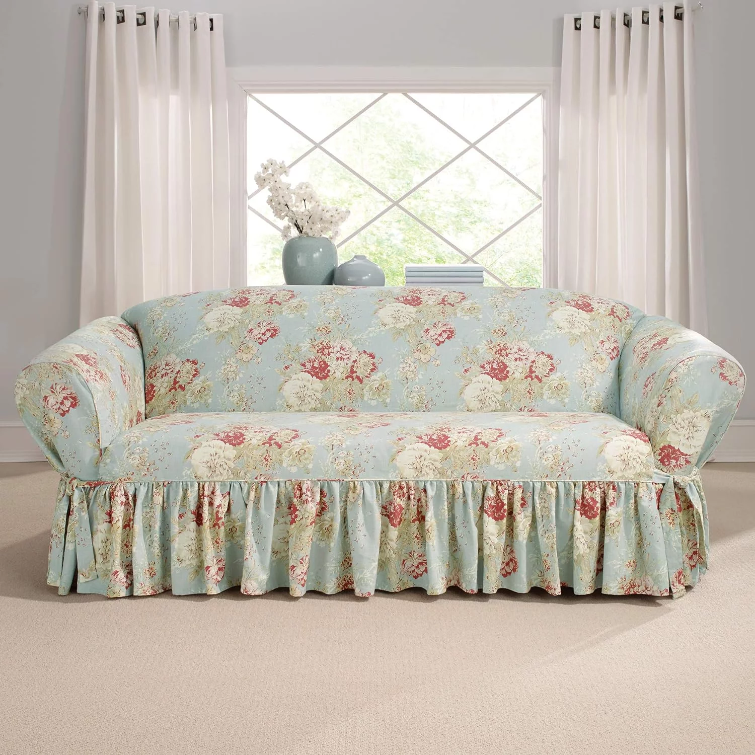 SURE FIT Waverly Ballad Bouquet 1 Piece Sofa Slipcover in Robin's Egg,Blue
