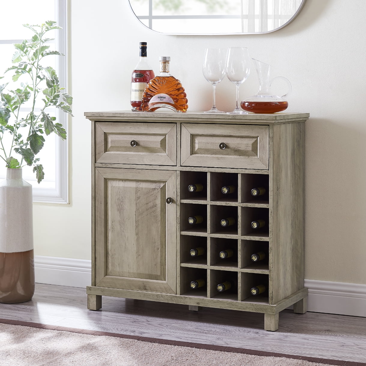 Home Source Small Bar Cabinet in Grey Wash with Wooden Door