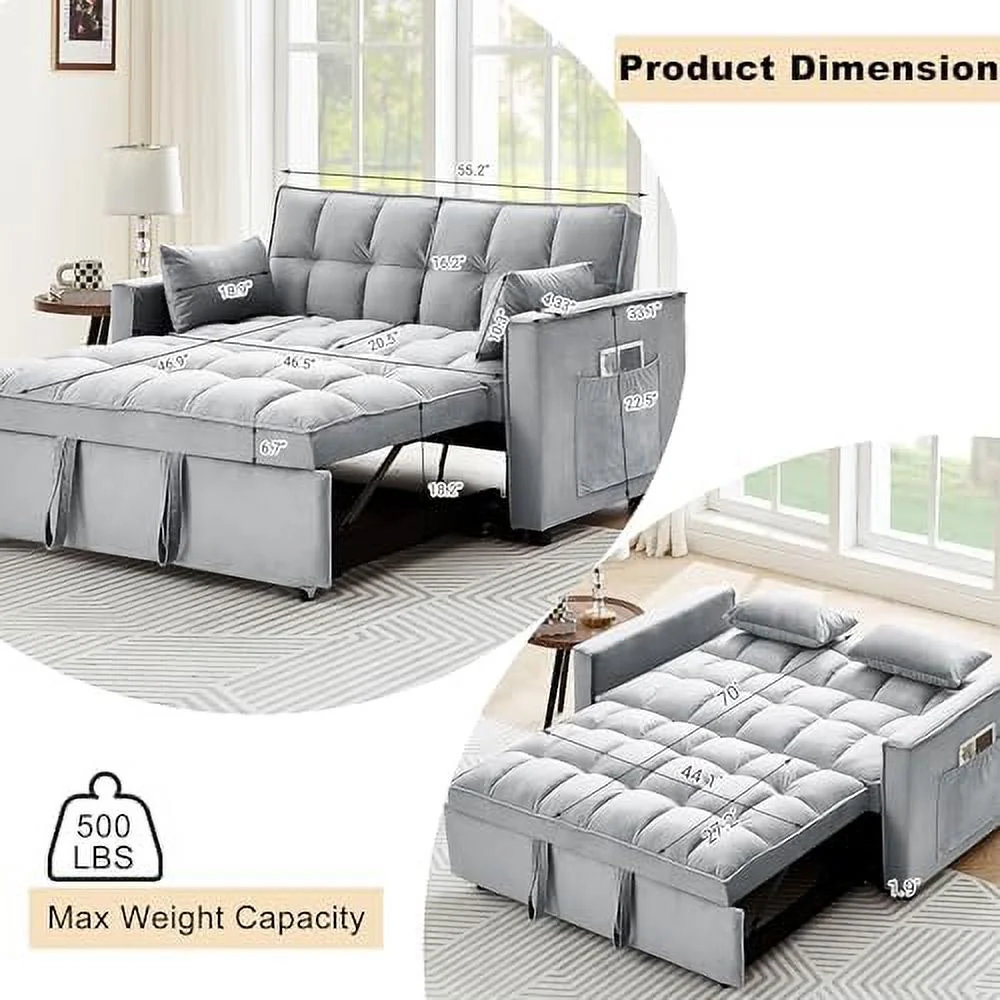 CHIUYN 55" Loveseat Pull Out Couch  3 in 1 Velvet Convertible Sleeper Sofa Bed for Living Room  Small Love Seat Futon Sofa Bed with Reclining Backrest  Toss Pillows  Side Pockets for