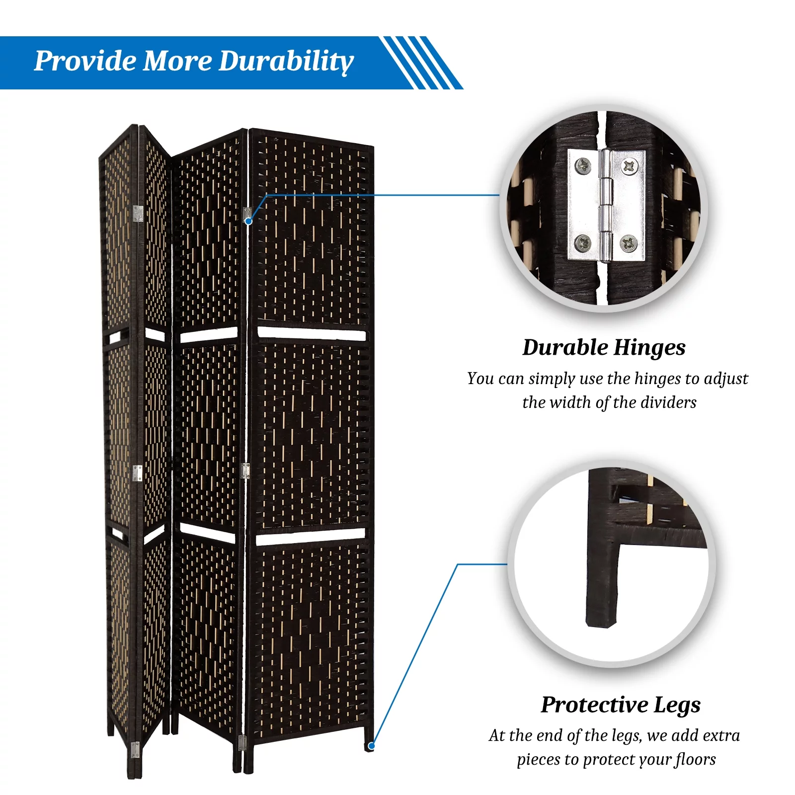 Bonnlo 6ft Tall Rattan Room Divider Folding Privacy Screen with 2 Display Shelves (4 Panels)