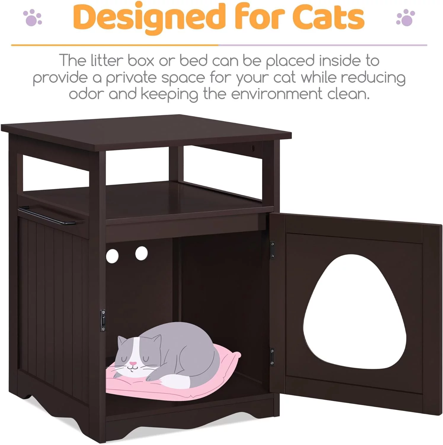 Cat Litter Box Enclosure, Hidden Cat Washroom Furniture, Lockable Pet Side Table with Wooden Structure Open Shelf, Decorative Pet House for Bathroom/Living Room Espresso