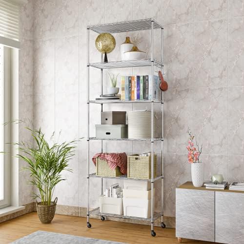 Homdox 6 Tier Wire Shelving Unit on Wheels, Storage Shelves for Garage Kitchen Living Room, Heavy Duty Shelving Rack, 21.26 x 11.42 x 72.05 inch (L x W x H)
