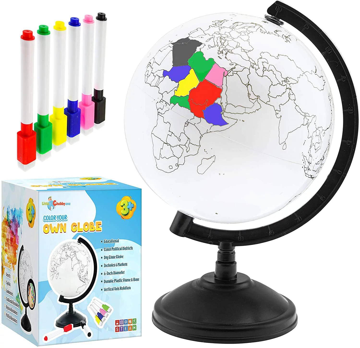 Little Chubby One 7-inch DIY Color Your Own Globe - Educational and Decorative Piece - Assorted Markers for Coloring Spinning Globe Ideal for Learning Geography and Perfect Decor for Kids Room