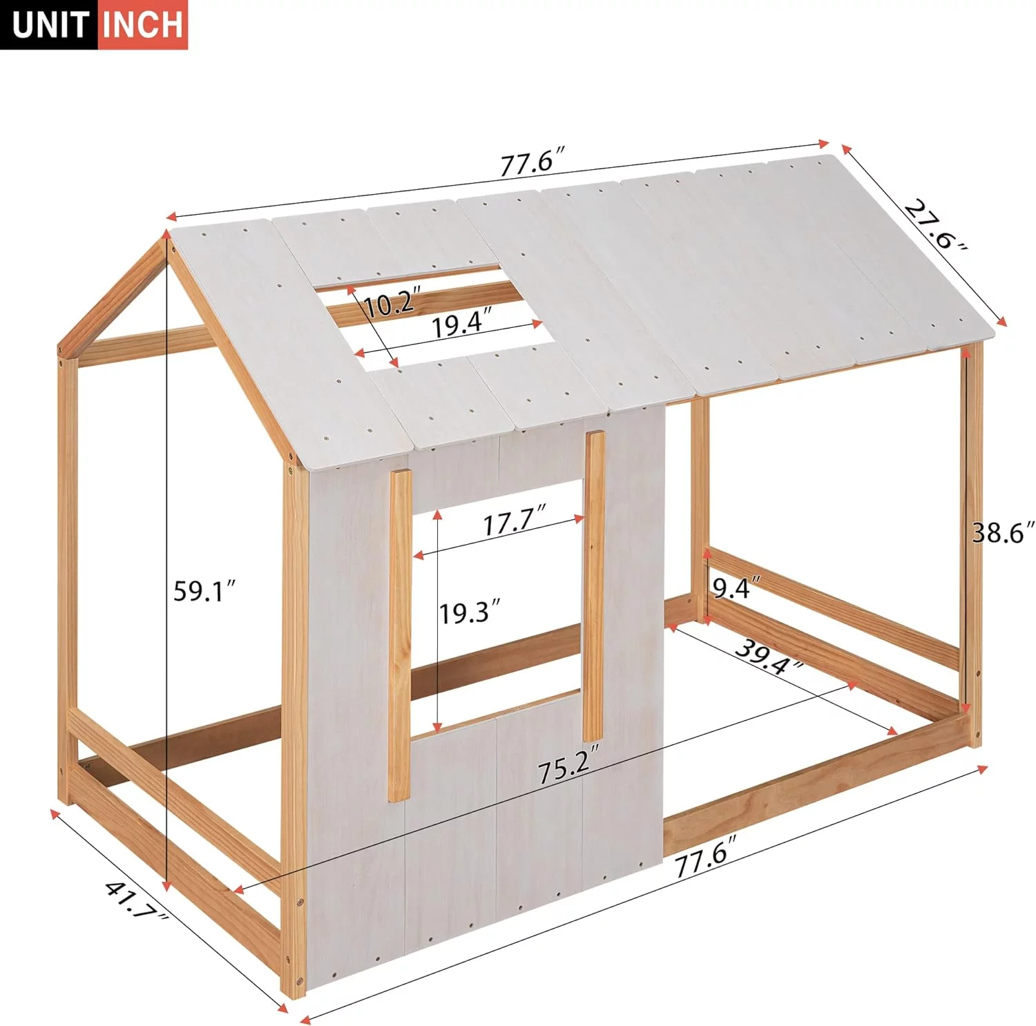 House Bed For Kids, Wooden Kids Bed Montessori Bed With Roof And Window, Floor Bed For Toddlers, Kids, Girls & Boys (, Natural & Antique White)