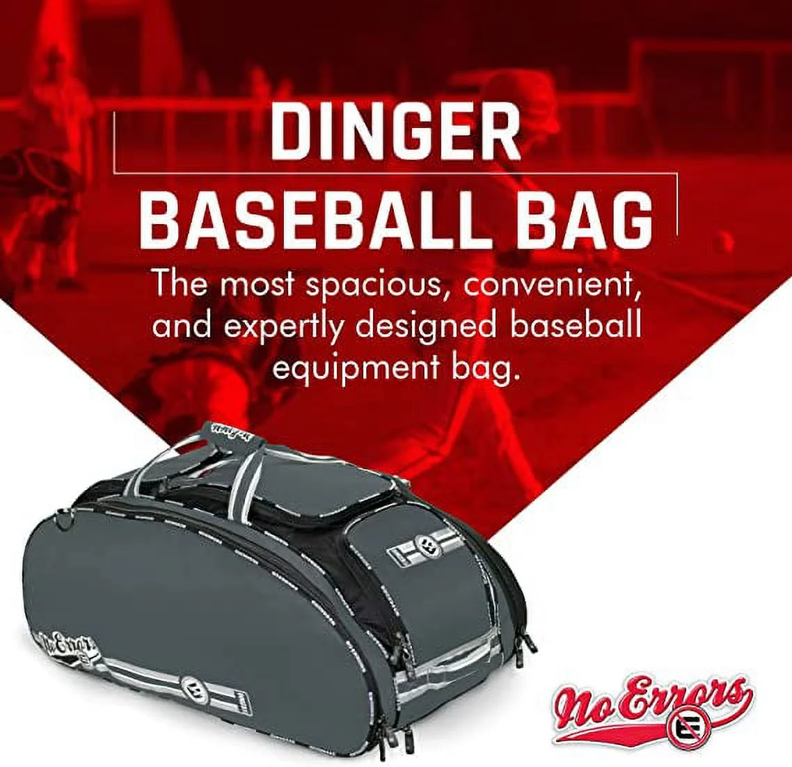 No Error Sports Dinger Baseball Bat Bag with Wheels - Spacious 15 pocket baseball gear bag - Fits 4 Bats, Helmets, Cleats, Gloves - Hangs on Fence