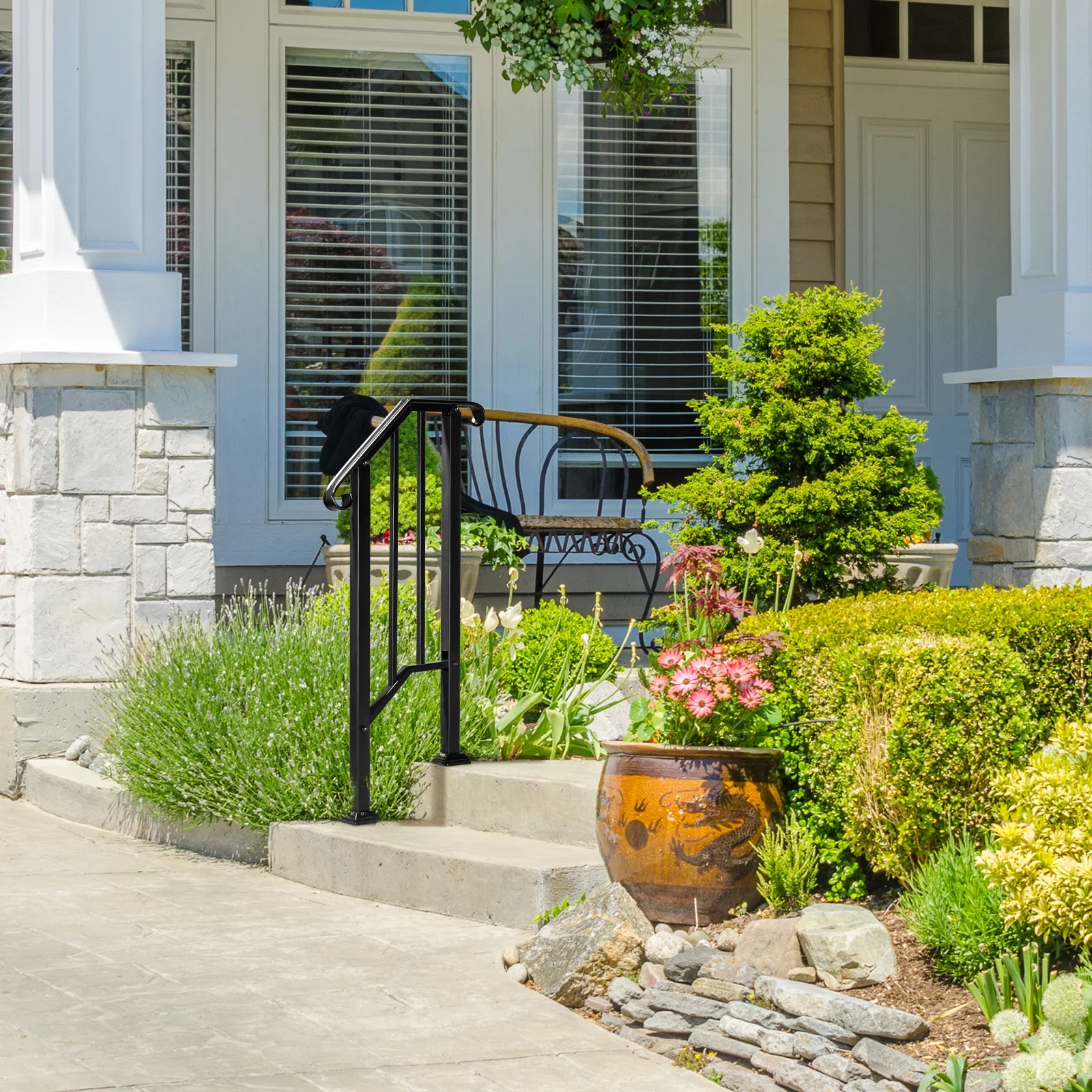 Matte Black Outdoor Iron Handrail with 1st Tier Design - Sturdy, Weather-Resistant, Easy Installation - Ideal for Outdoor Steps and Elderly Safety
