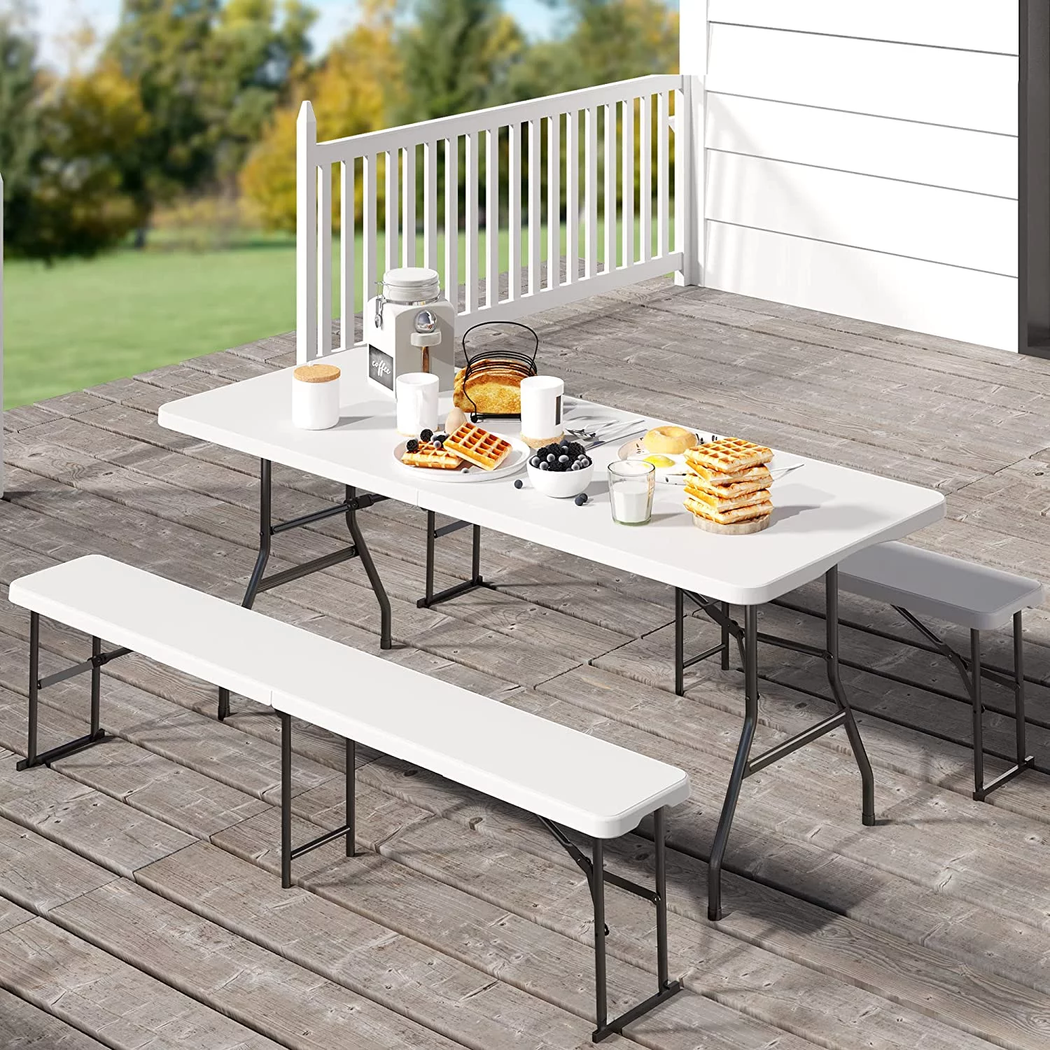 Dextrus 6ft Portable Picnic Table Bench Set, Heavy Duty Camping Picnic Table Set, Fold up Picnic Table for Outdoor Camping Picnic Parties/Indoor Events, White