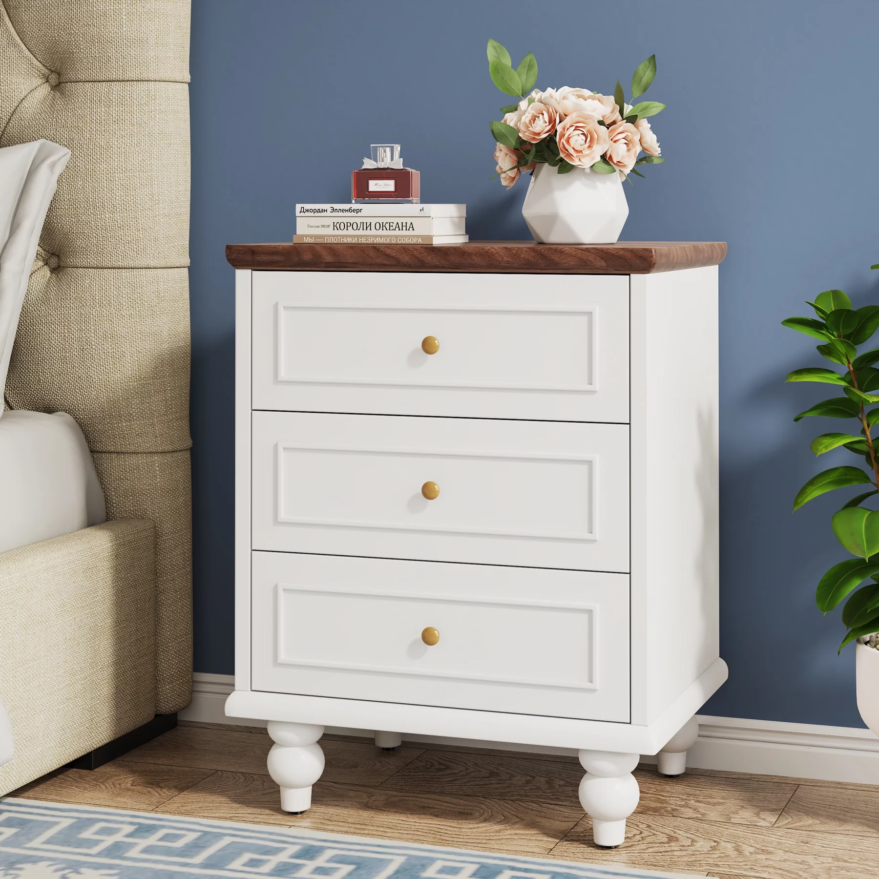 3-Drawer White Nightstand Bedside Table with Solid Wood Legs