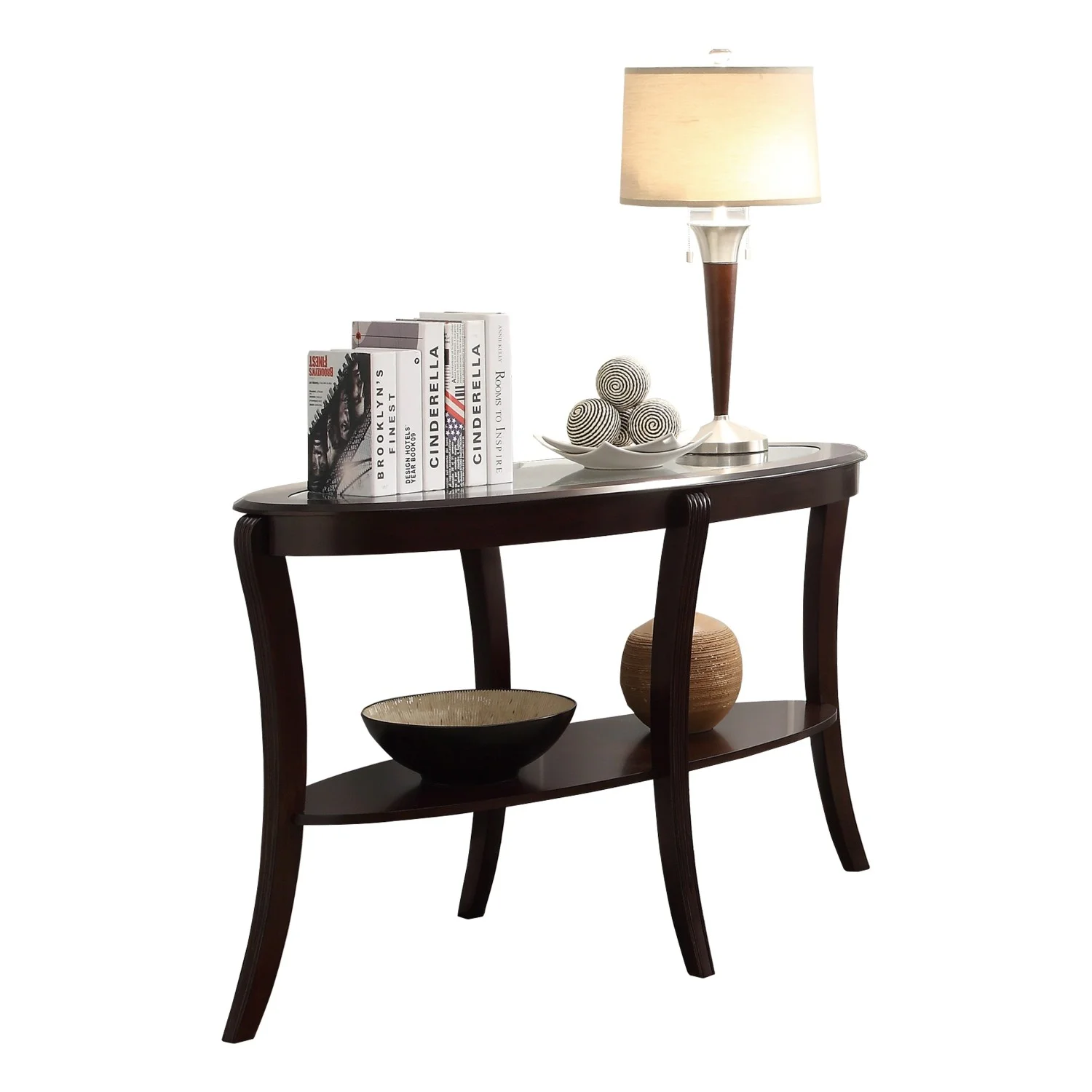 Stylish Living Room Furniture with Rich Espresso Finish and Glass Inserted Top - 1pc Sofa Table featuring Elegant Curve Legs and Spacious Lower Display Shelf