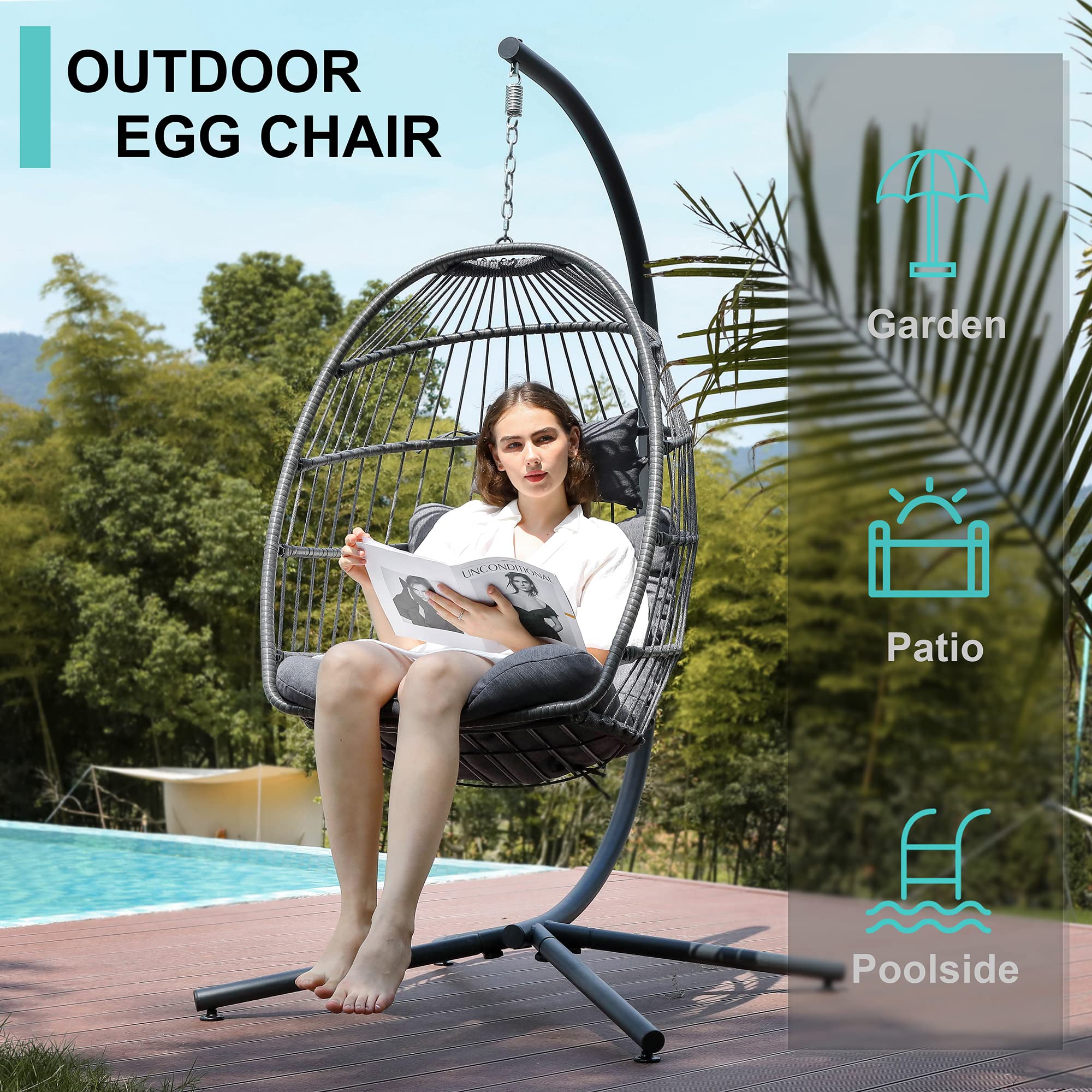 Hanging Egg Chair with Stand, Egg Swing Hammock Chair with Stand, Indoor Outdoor Wicker Egg Chair with Cushion Headrest for Patio Bedroom Porch Garden, 350LBS Capacity(Dark Grey)