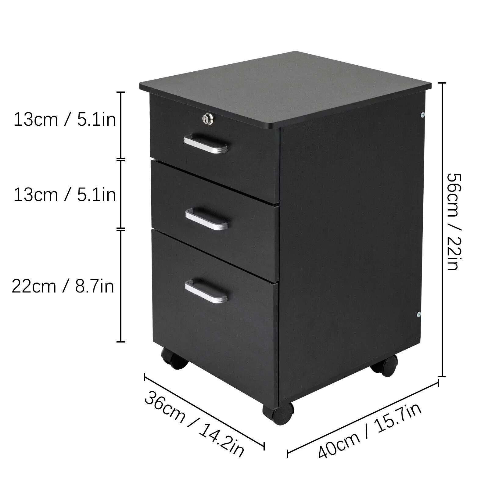 Rectangular 4 Wheels Mobile File Cabinet Filing Storage 3 Drawers Home Office Filing Cabinet W/ Lock
