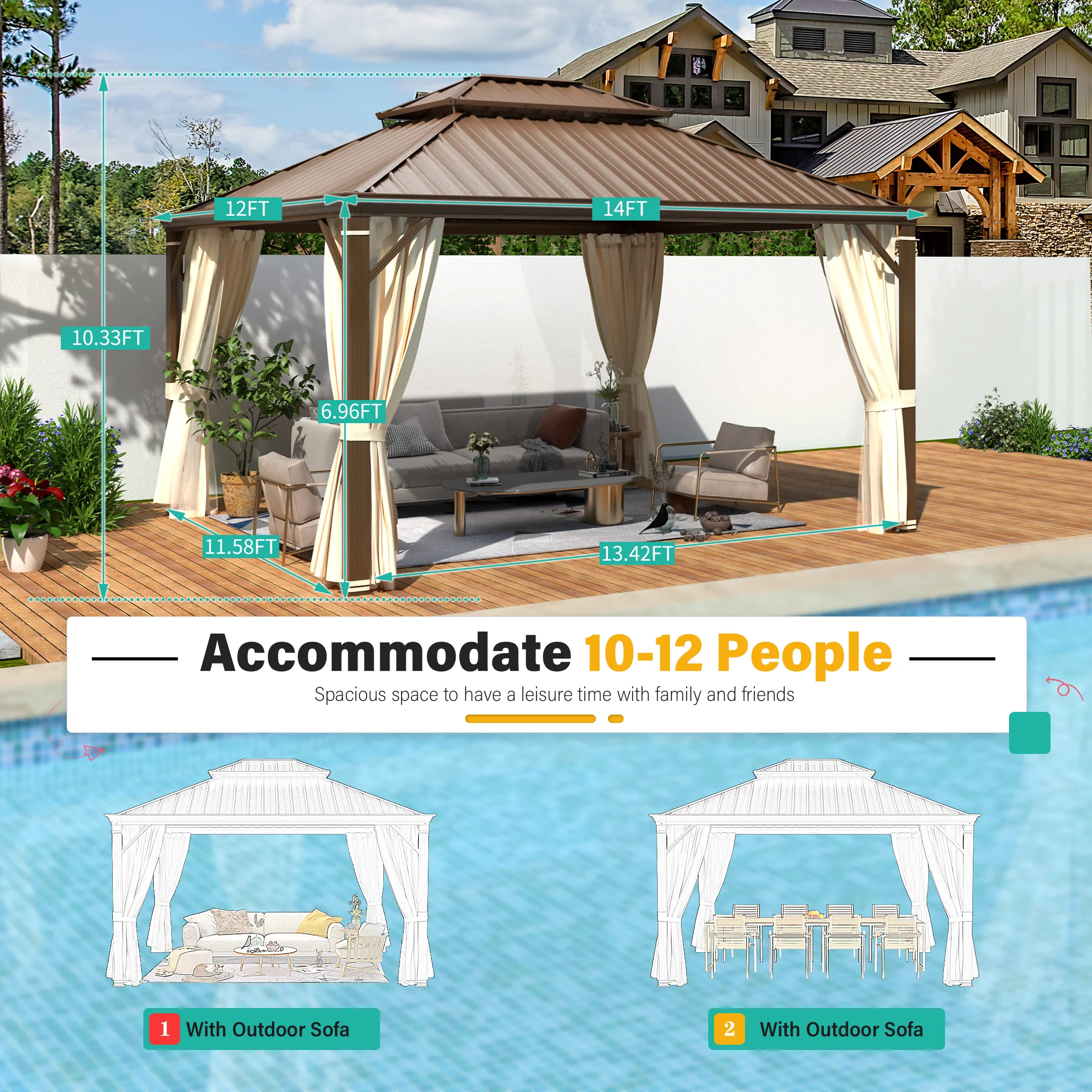 Richryce 12' X 14' Hardtop Gazebo Aluminum Frame Gazebo with Galvanized Steel Double Roof