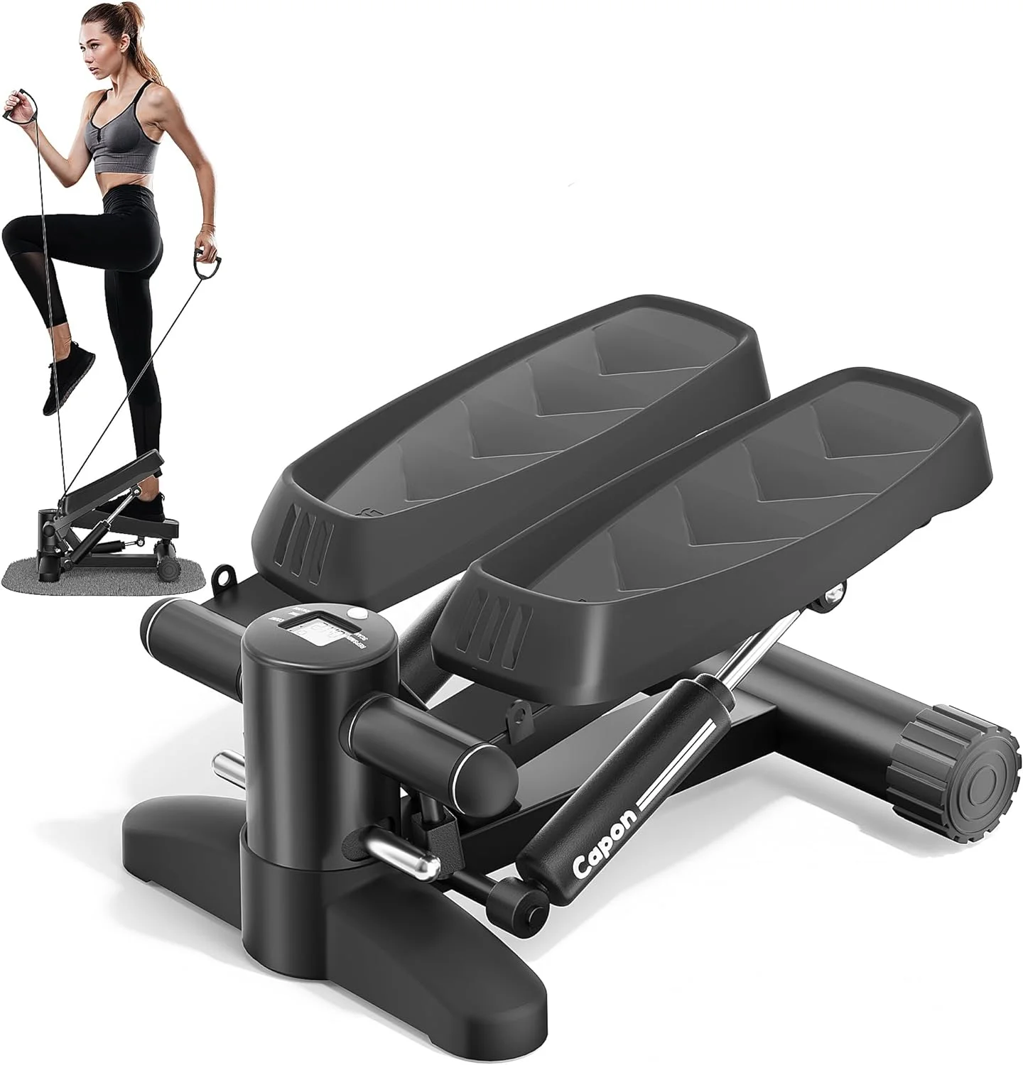 Black Stair Stepper for Exercises, Portable Mini Steppers with Resistance Band & Non-Slip Mat, 330LB Weight Capacity and LCD Calories Display, Aerobic Fitness Stepper for Home Office Workout