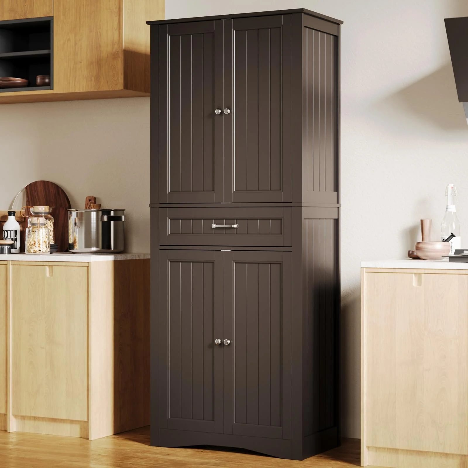 Pantry Cabinet, Lofka 71'' Kitchen Pantry Storage Cabinet with 4 Doors and 4 Adjustable Shelves,Dark Brown