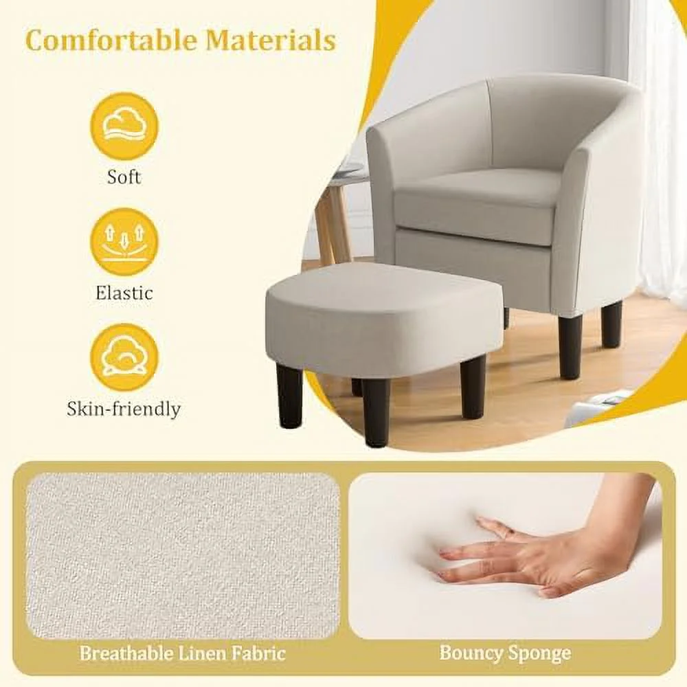 HBLUKDL Modern Accent Chair with Ottoman  Linen Fabric Armchair w/Footrest  Curved Back & Removable Seat Cushion  Upholstered Barrel Club Chair for Living Room  Bedroom  Office  Readi