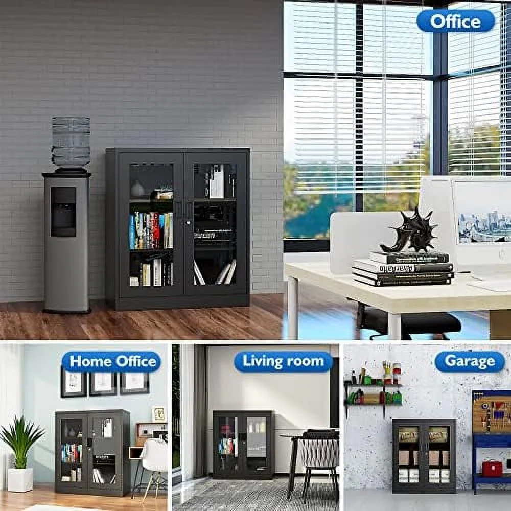 TJCGDTY Metal Locking  Cabinet with 4 Doors and 2 Adjustable Shelves  71" Tall Steel Garage  Cabinets for Home Office  Garage  Living Room  Pantry  Tool Organizer(Gray White)