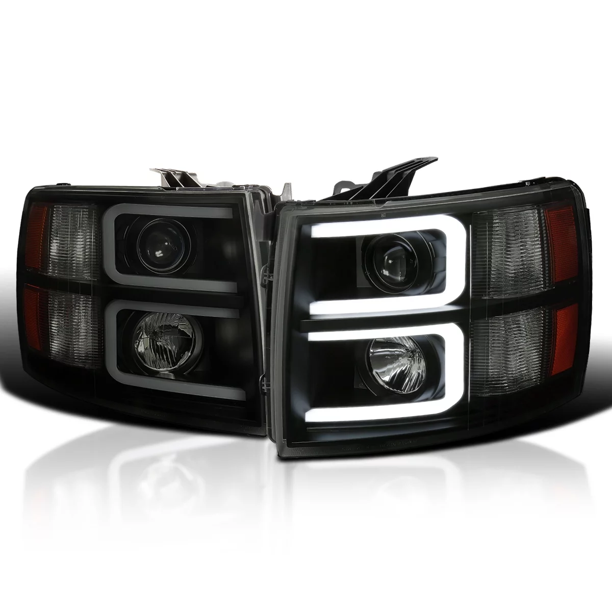 Spec-D Tuning LED Light Bar Black Housing Smoke Lens Projector Headlights Compatible with 2007-2013 Chevy Silverado 1500, 2007-2014 Chevy Silverado 2500HD/3500HD, Left + Right Pair Headlamps Assembly